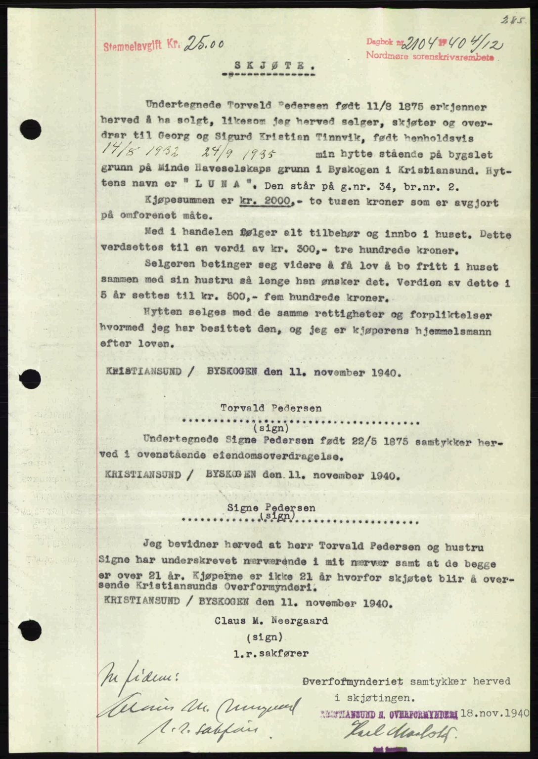 Nordmøre sorenskriveri, SAT/A-4132/1/2/2Ca: Mortgage book no. A89, 1940-1941, Diary no: : 2104/1940