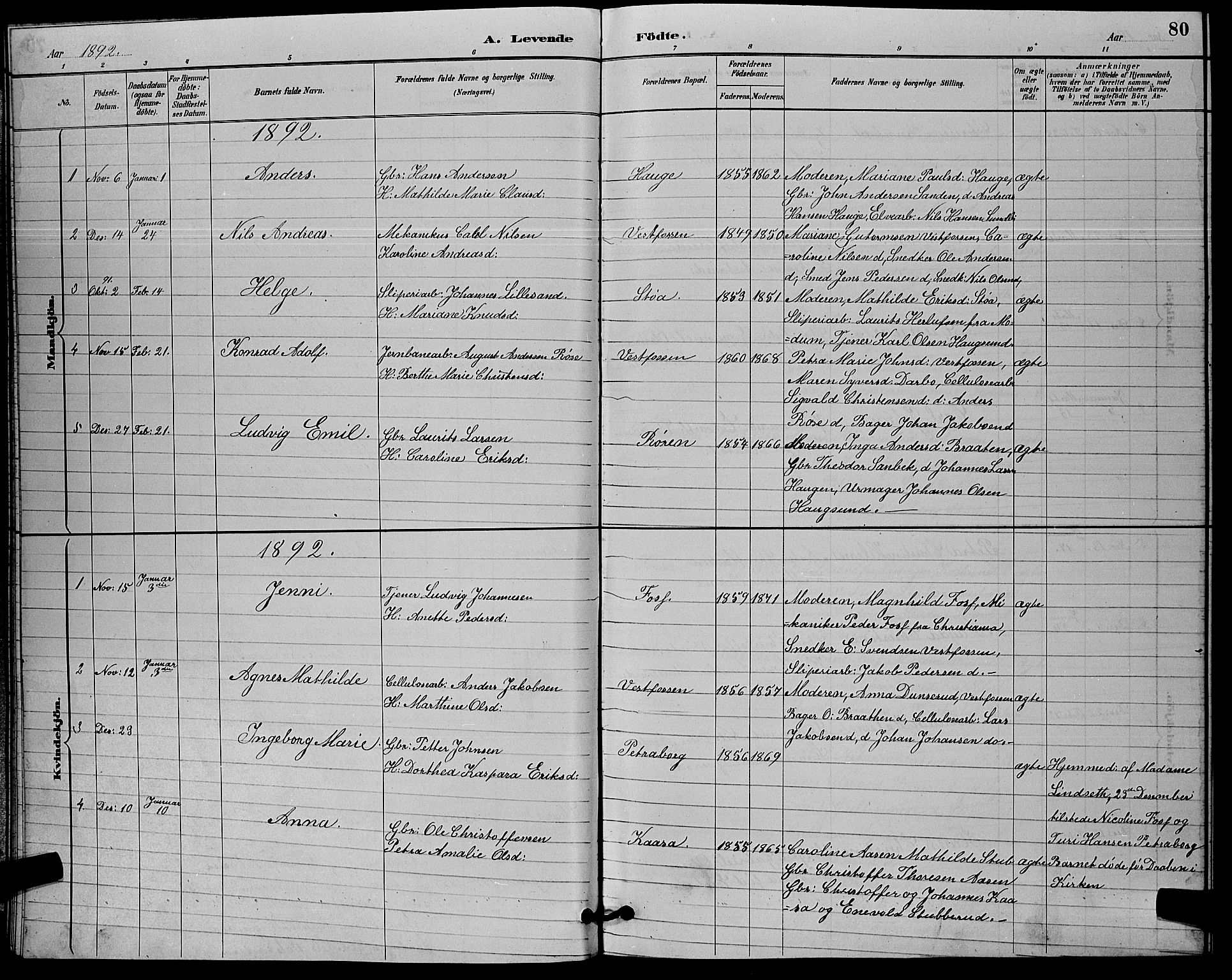 Eiker kirkebøker, SAKO/A-4/G/Ga/L0006: Parish register (copy) no. I 6, 1885-1893, p. 80