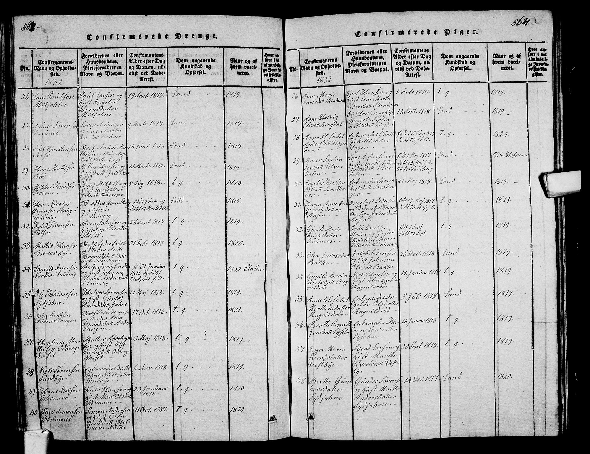 Hedrum kirkebøker, AV/SAKO-A-344/G/Ga/L0003: Parish register (copy) no. I 3, 1817-1835, p. 563-564