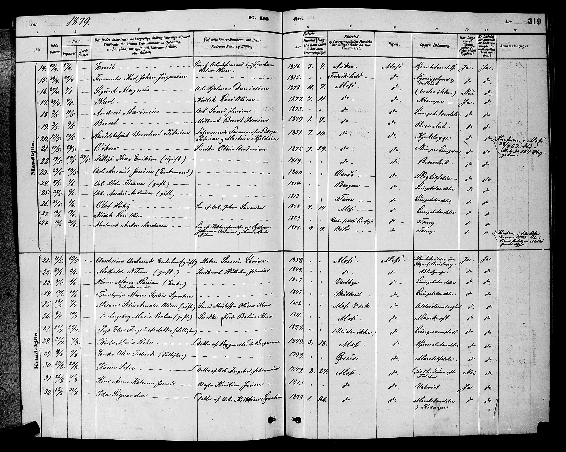 Moss prestekontor Kirkebøker, AV/SAO-A-2003/G/Ga/L0005: Parish register (copy) no. I 5, 1878-1888, p. 319