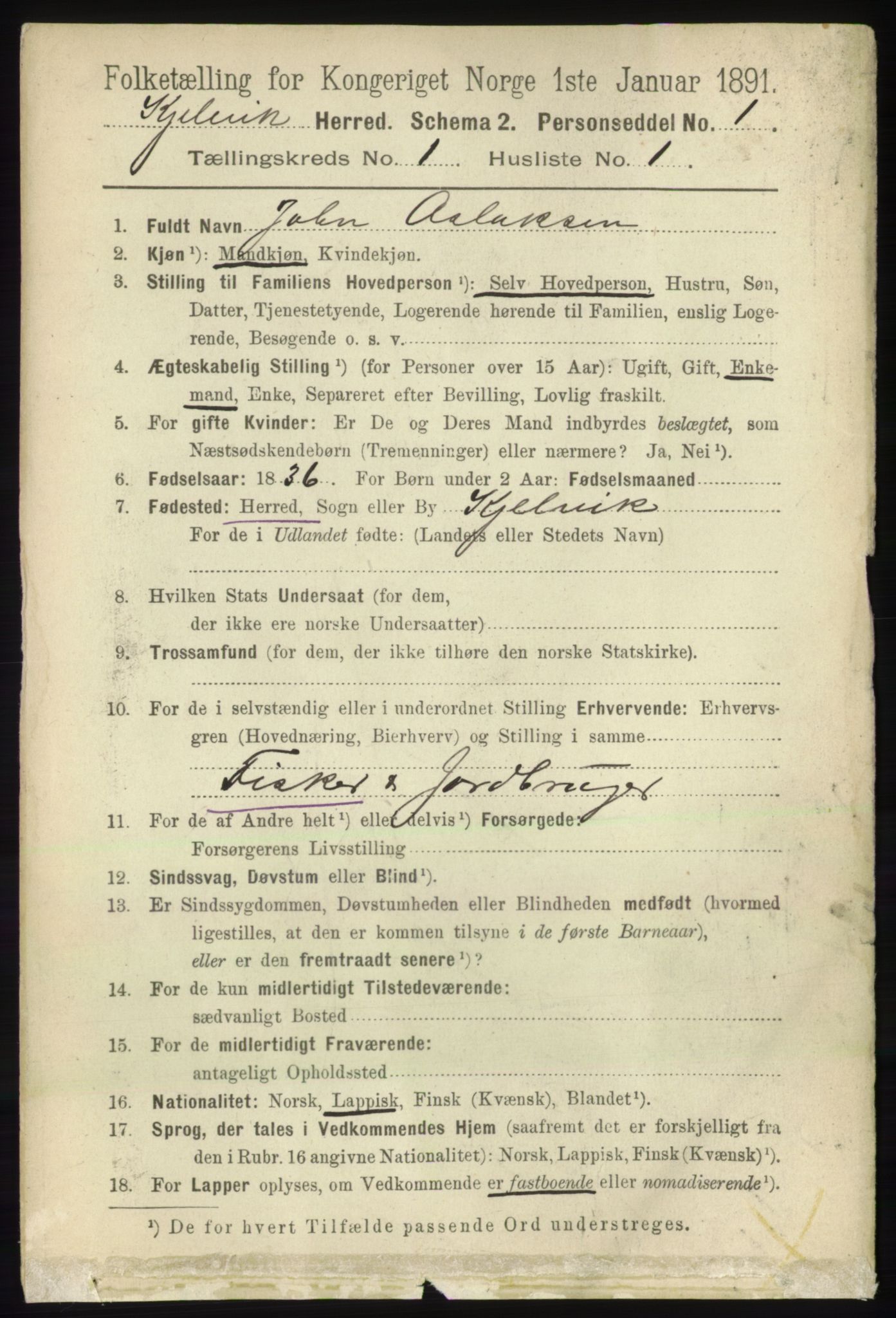 RA, 1891 census for 2019 Kjelvik, 1891, p. 35