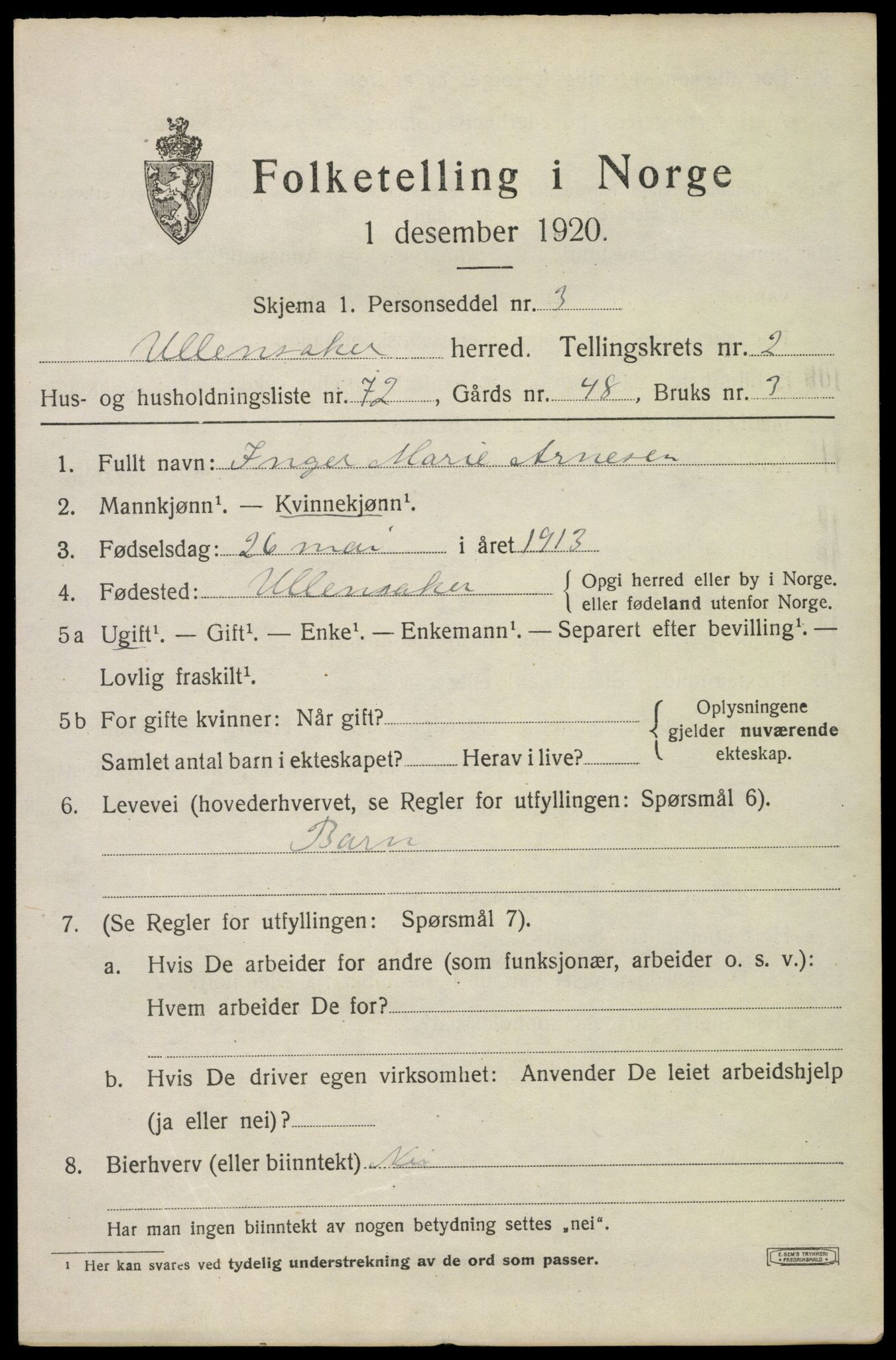 SAO, 1920 census for Ullensaker, 1920, p. 5535