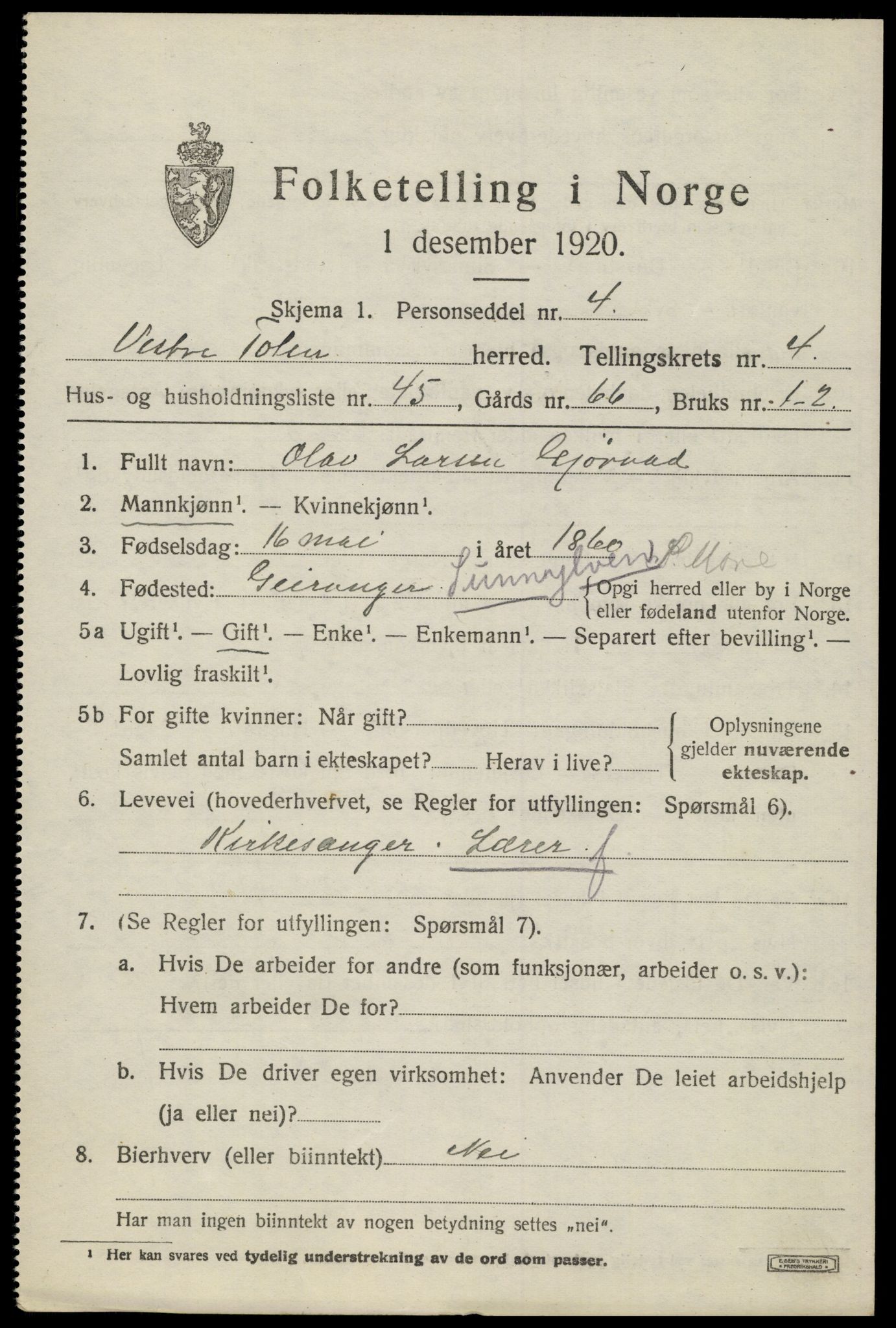 SAH, 1920 census for Vestre Toten, 1920, p. 6182