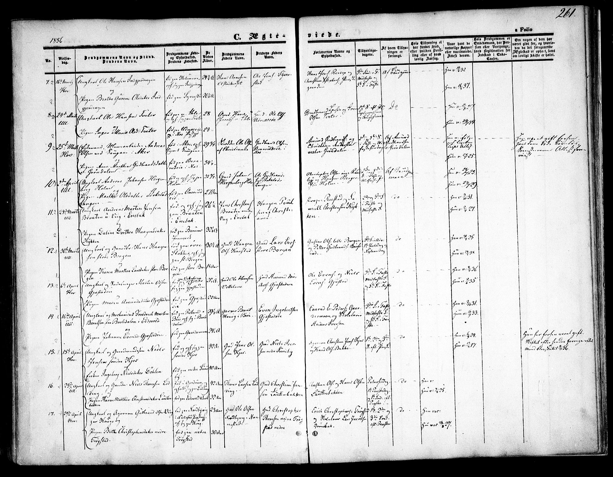 Ullensaker prestekontor Kirkebøker, AV/SAO-A-10236a/F/Fa/L0015.a: Parish register (official) no. I 15A, 1851-1862, p. 261