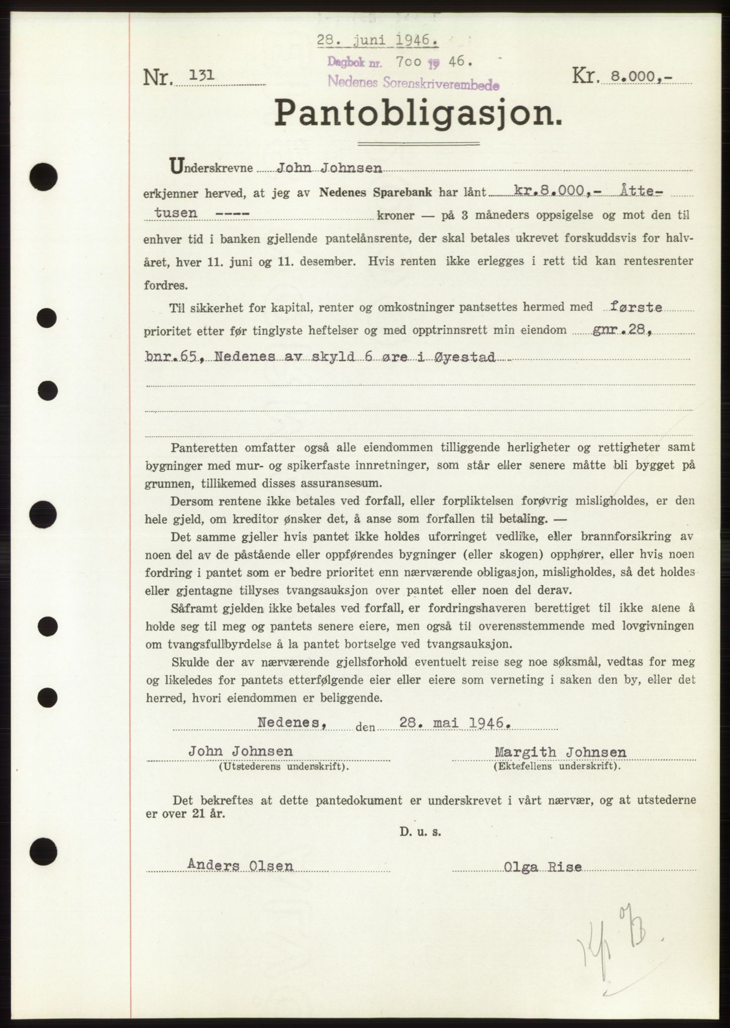 Nedenes sorenskriveri, SAK/1221-0006/G/Gb/Gbb/L0003: Mortgage book no. B3b, 1946-1946, Diary no: : 700/1946