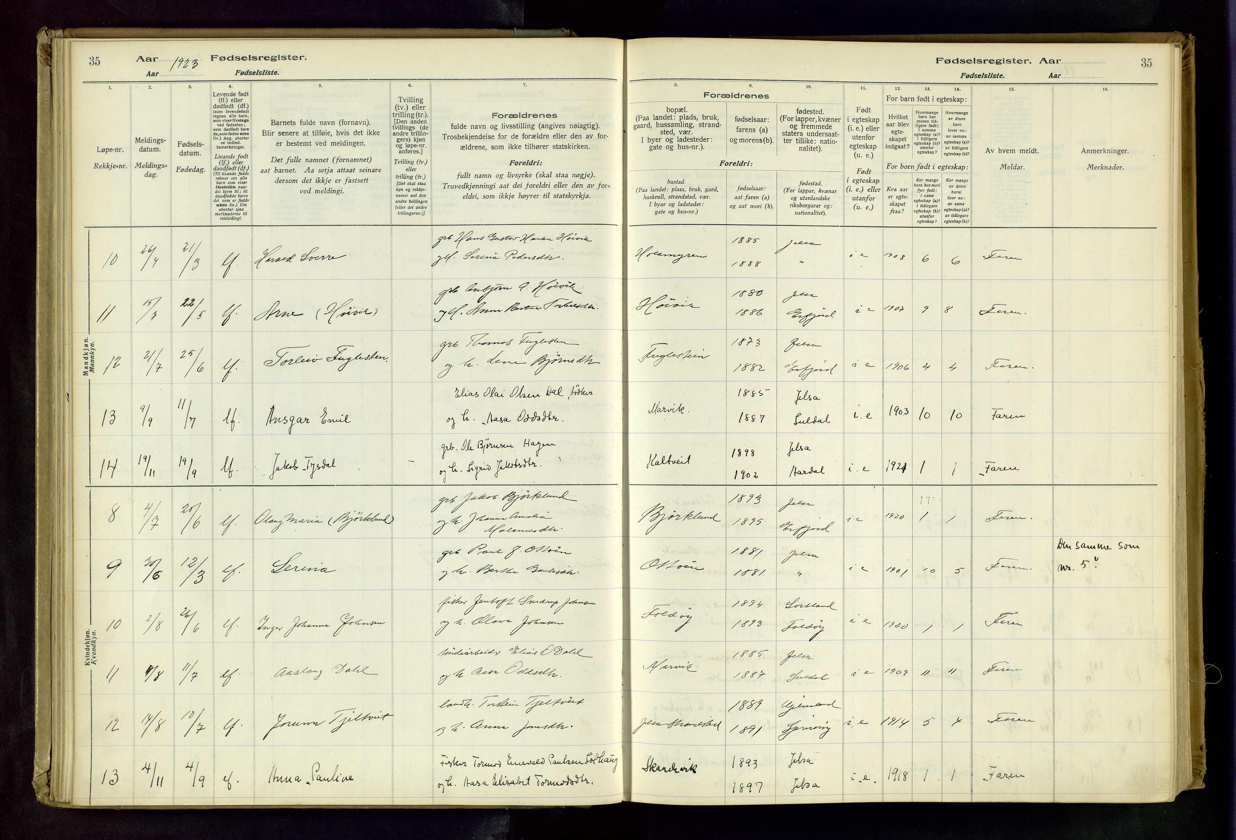 Jelsa sokneprestkontor, AV/SAST-A-101842/02/I: Birth register no. 13, 1916-1982, p. 35