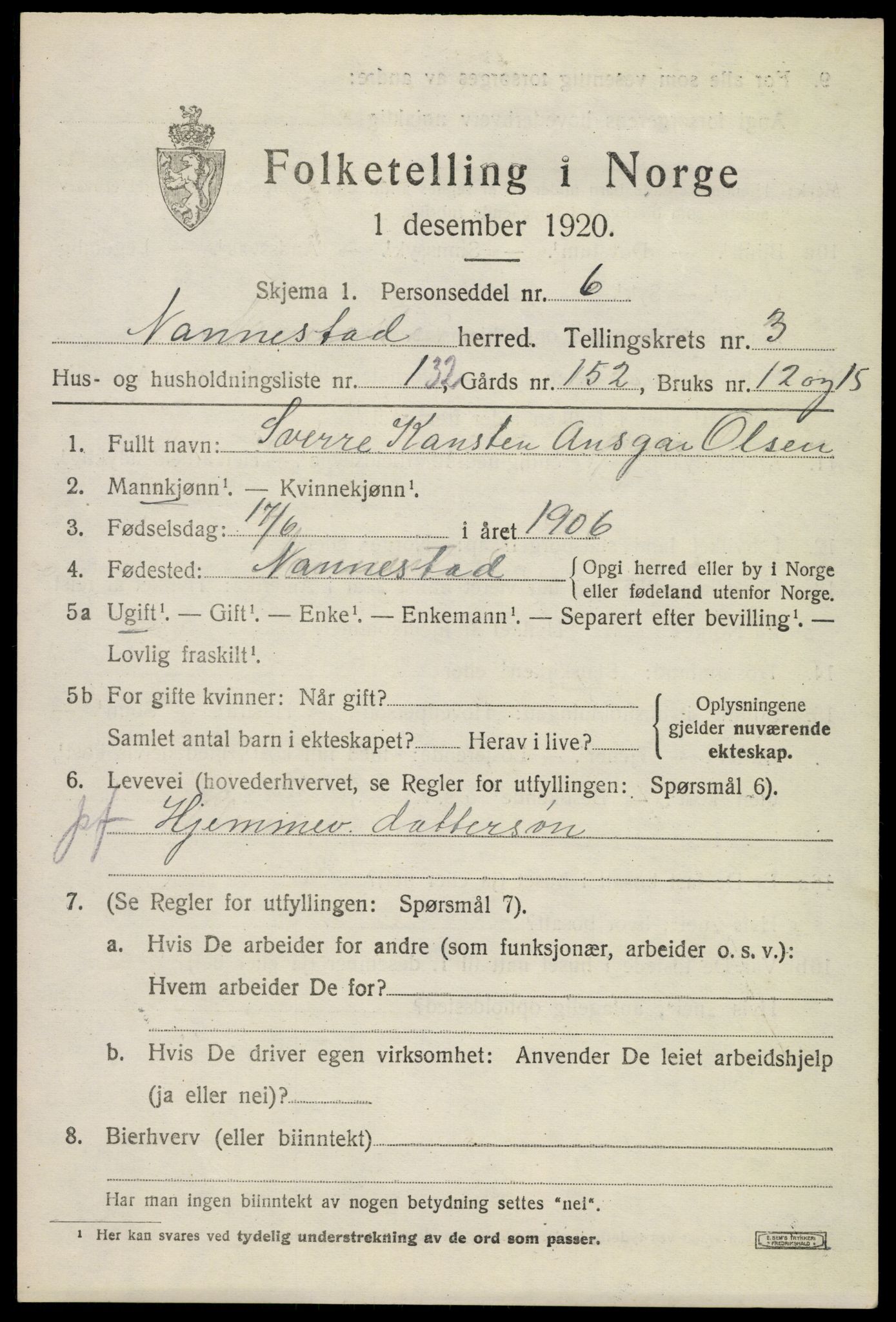 SAO, 1920 census for Nannestad, 1920, p. 5053