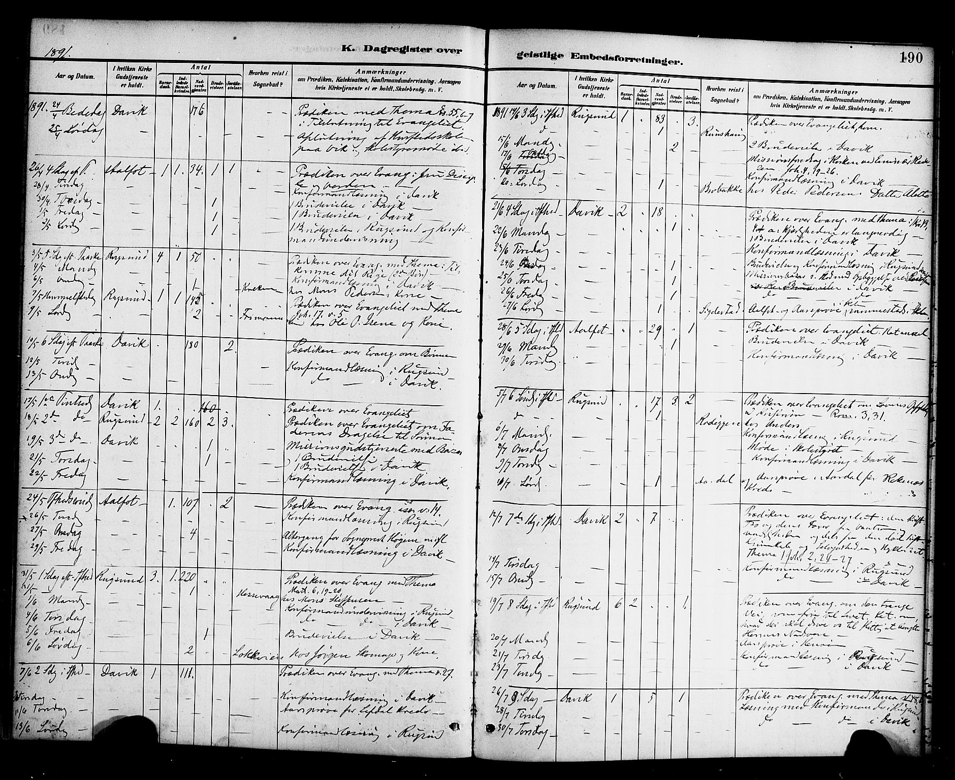 Davik sokneprestembete, AV/SAB-A-79701/H/Haa/Haab/L0001: Parish register (official) no. B 1, 1882-1900, p. 190