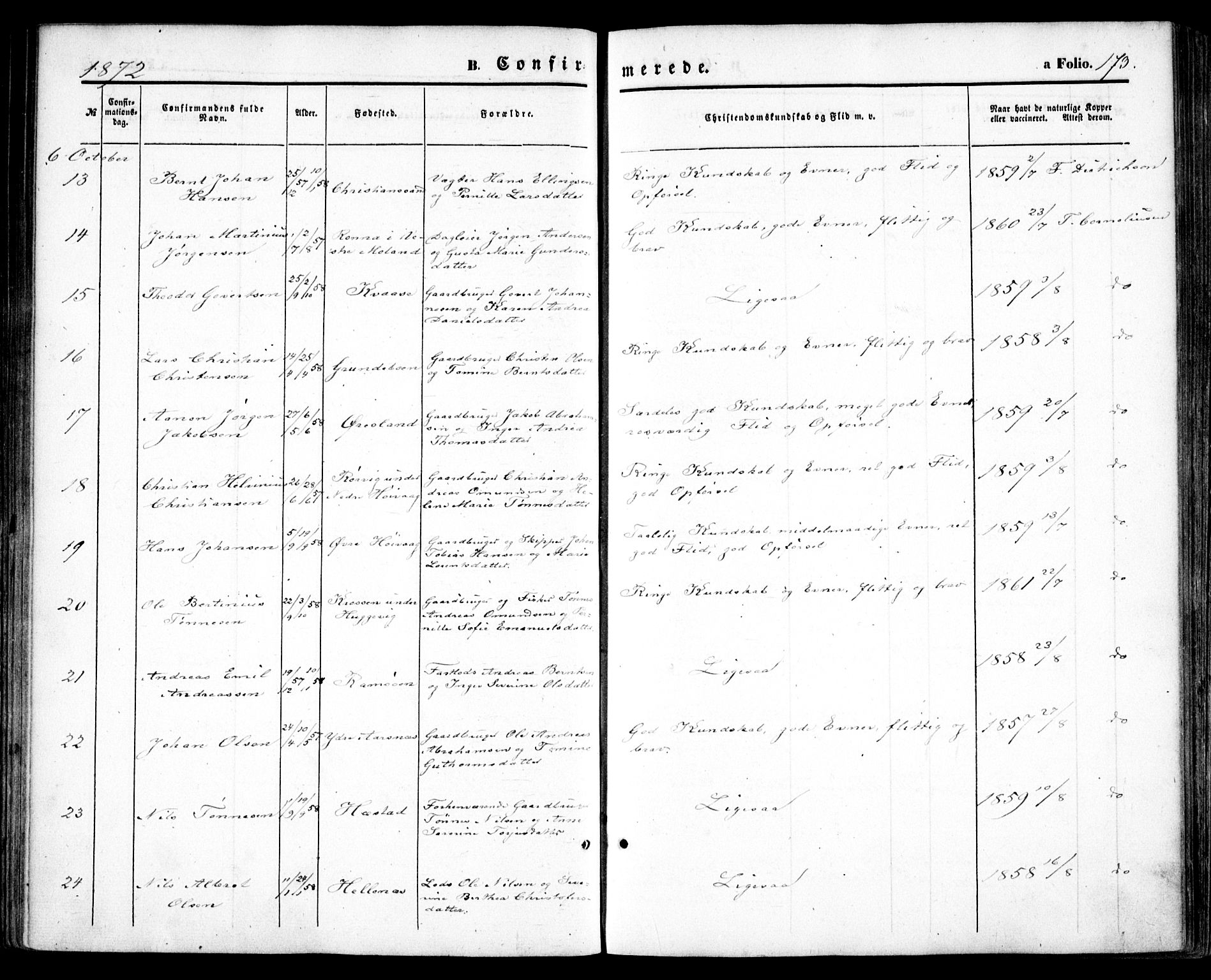 Høvåg sokneprestkontor, SAK/1111-0025/F/Fa/L0004: Parish register (official) no. A 4, 1859-1877, p. 173