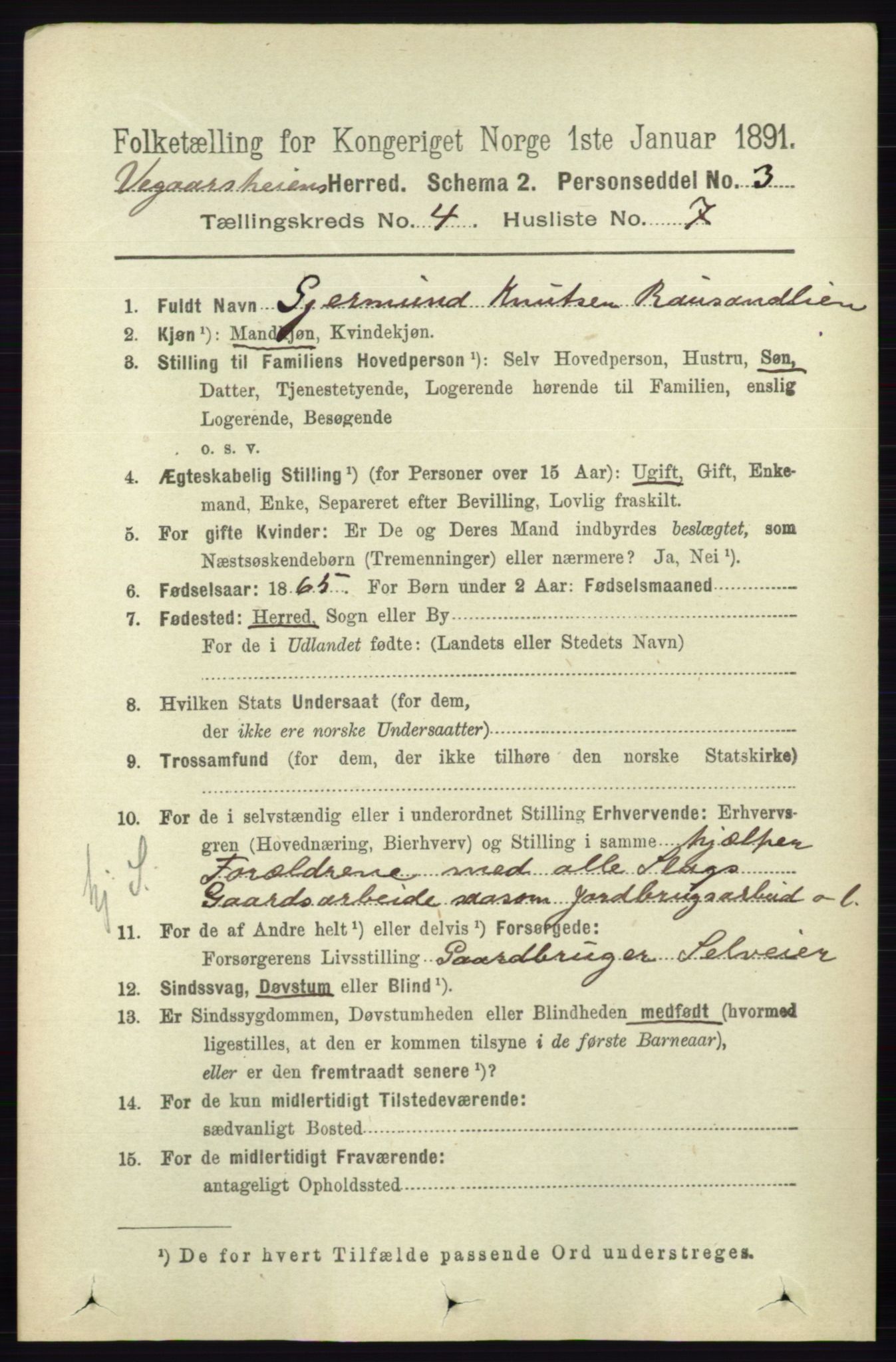 RA, 1891 census for 0912 Vegårshei, 1891, p. 813