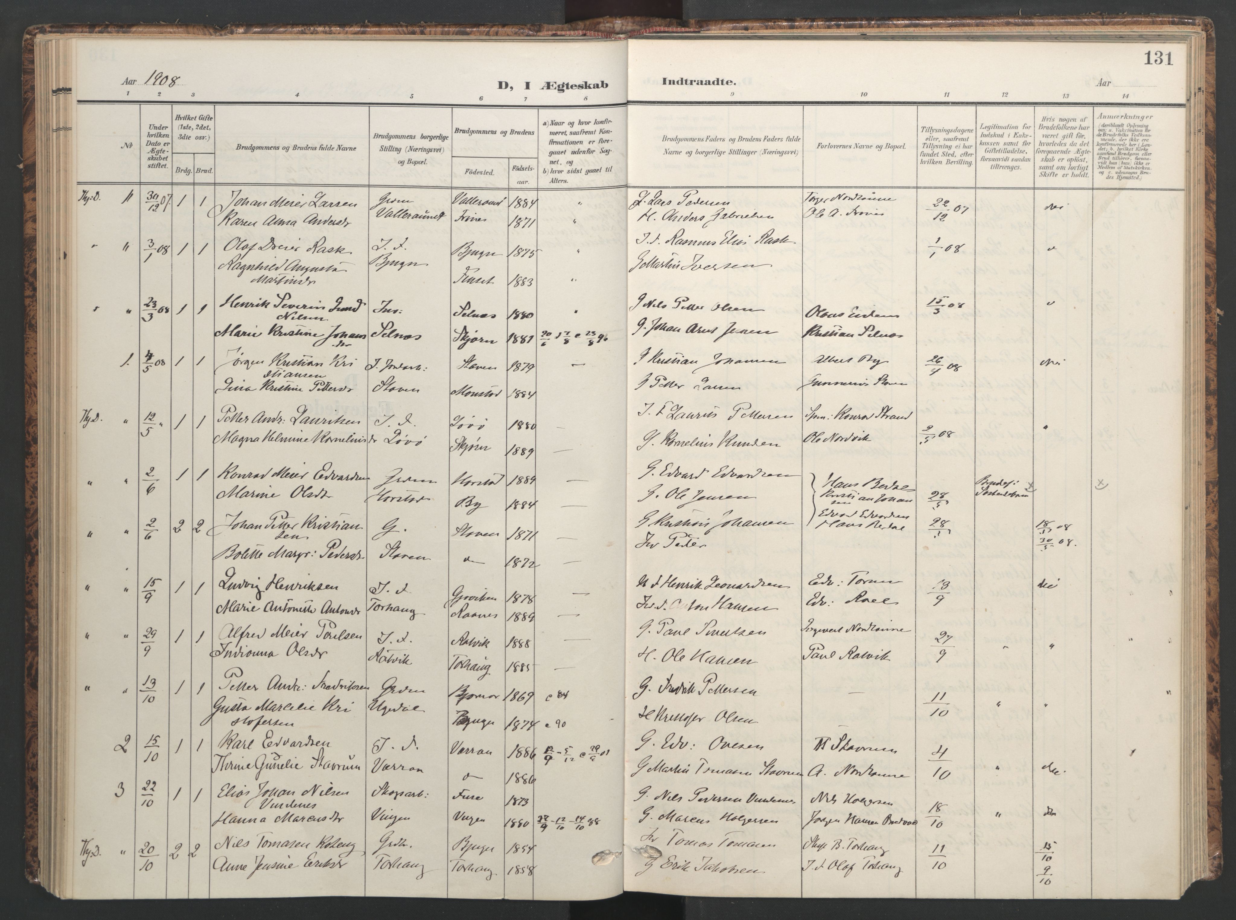 Ministerialprotokoller, klokkerbøker og fødselsregistre - Sør-Trøndelag, SAT/A-1456/655/L0682: Parish register (official) no. 655A11, 1908-1922, p. 131