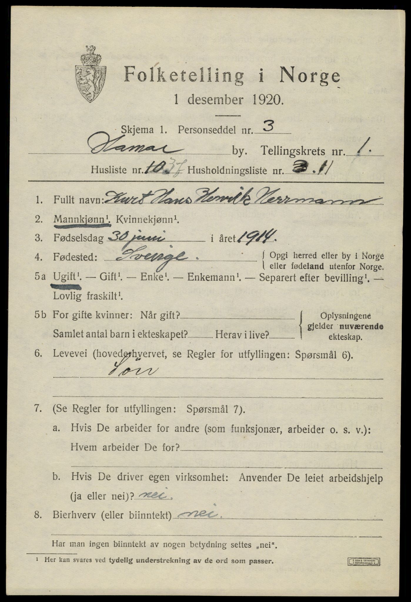 SAH, 1920 census for Hamar, 1920, p. 5155