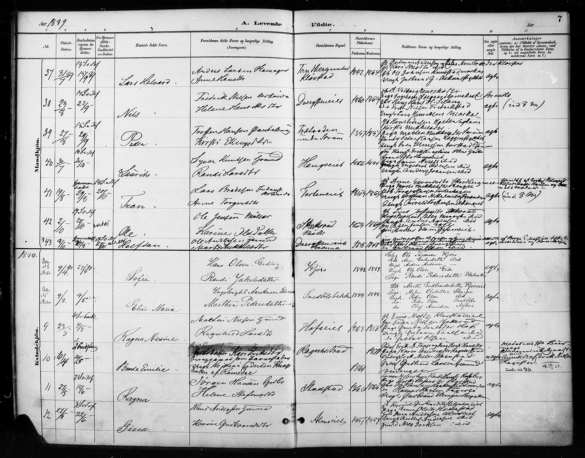 Gran prestekontor, AV/SAH-PREST-112/H/Ha/Haa/L0018: Parish register (official) no. 18, 1889-1899, p. 7