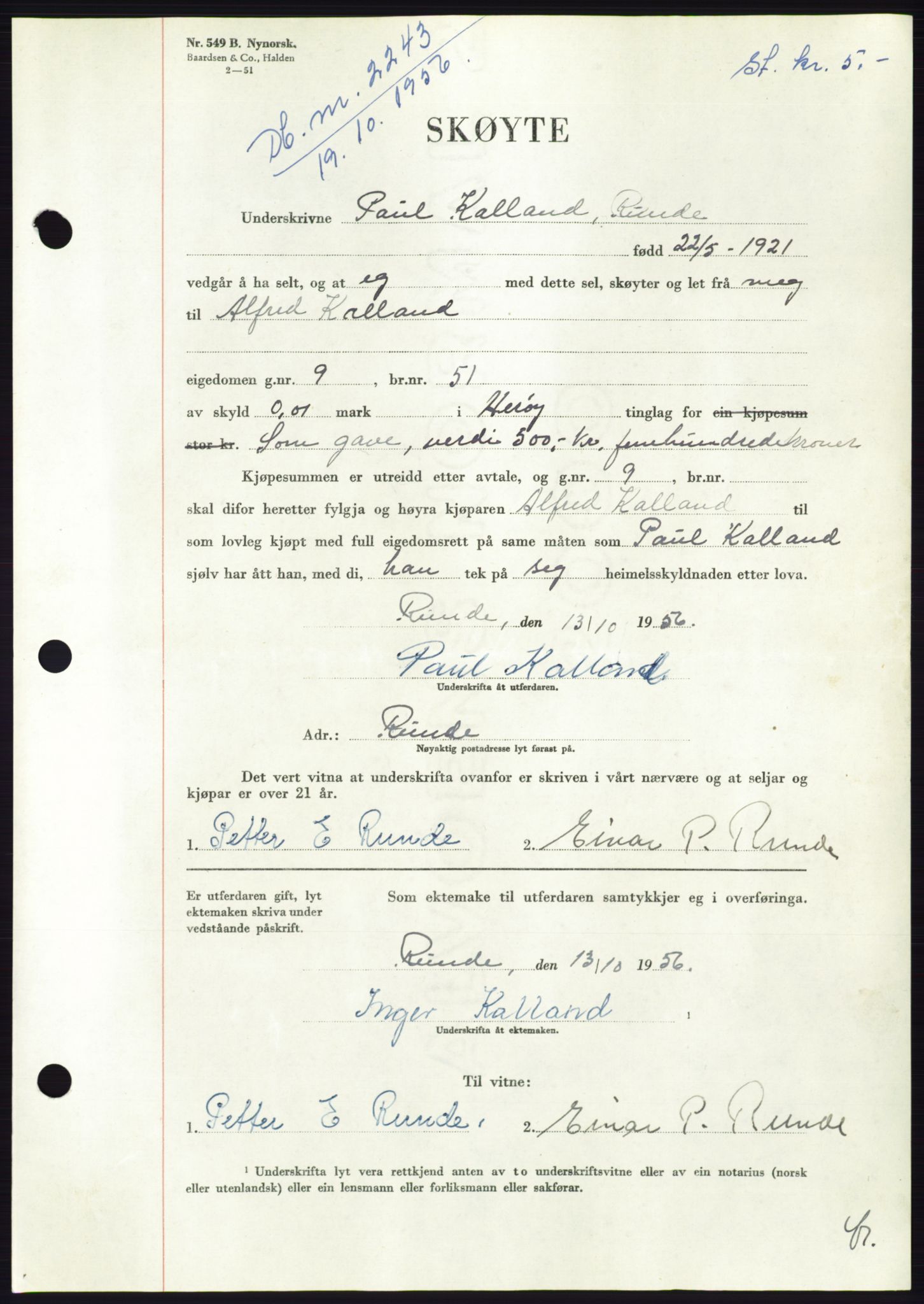 Søre Sunnmøre sorenskriveri, AV/SAT-A-4122/1/2/2C/L0104: Mortgage book no. 30A, 1956-1956, Diary no: : 2243/1956