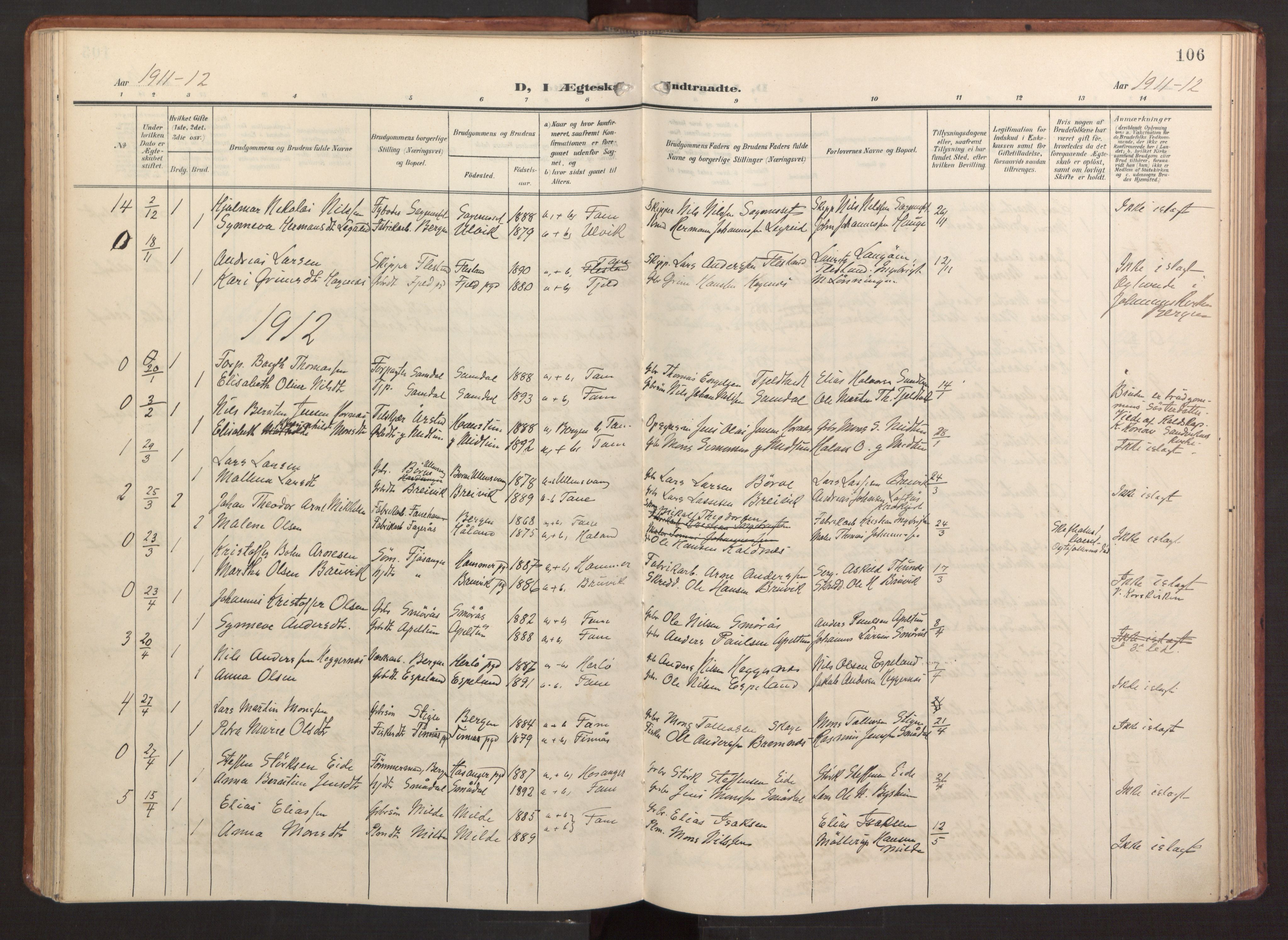 Fana Sokneprestembete, AV/SAB-A-75101/H/Haa/Haab/L0004: Parish register (official) no. B 4, 1908-1915, p. 106