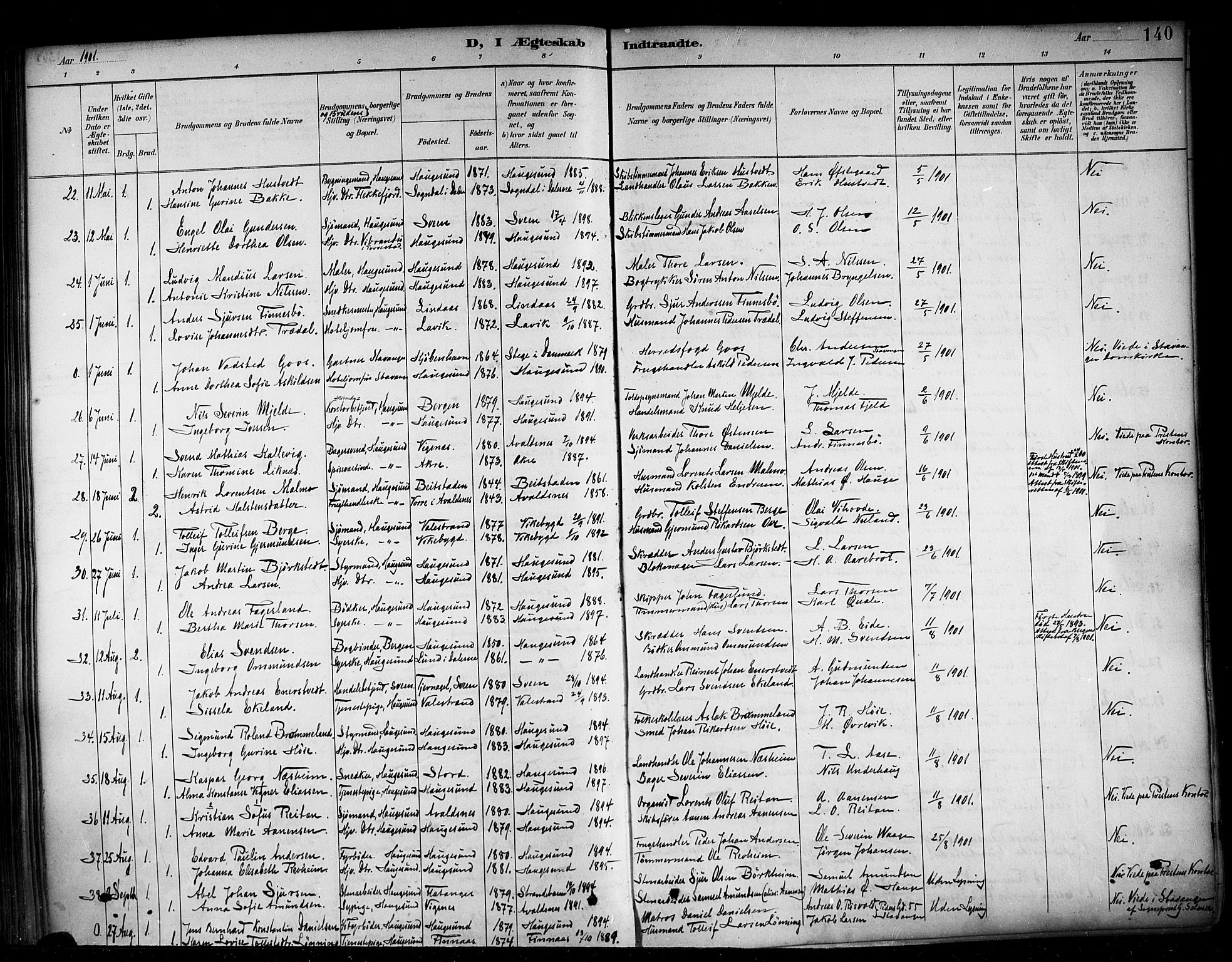 Haugesund sokneprestkontor, AV/SAST-A -101863/H/Ha/Haa/L0005: Parish register (official) no. A 5, 1891-1903, p. 140