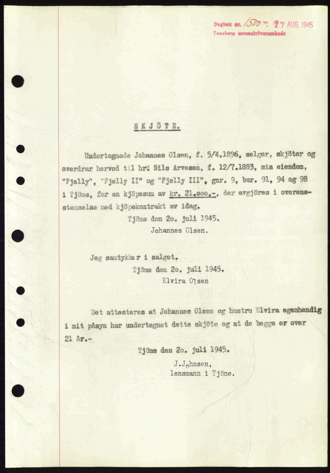 Tønsberg sorenskriveri, AV/SAKO-A-130/G/Ga/Gaa/L0017a: Mortgage book no. A17a, 1945-1945, Diary no: : 1500/1945