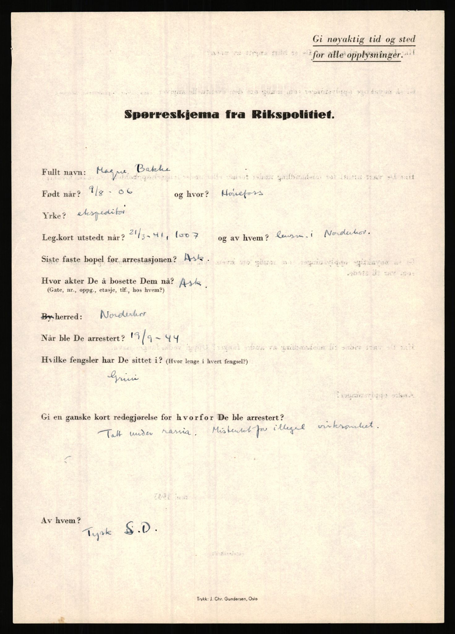 Rikspolitisjefen, AV/RA-S-1560/L/L0001: Abelseth, Rudolf - Berentsen, Odd, 1940-1945, p. 1105