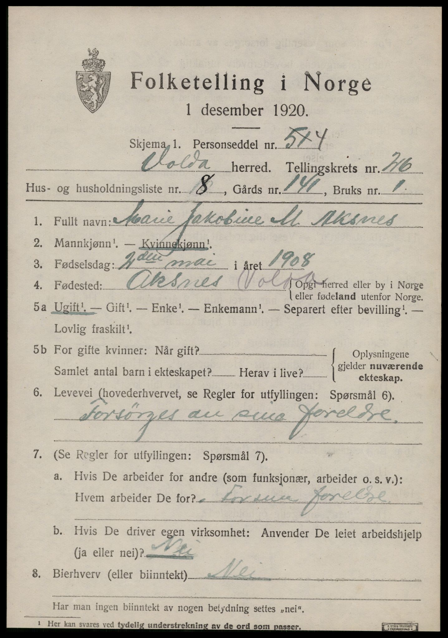 SAT, 1920 census for Volda, 1920, p. 12488