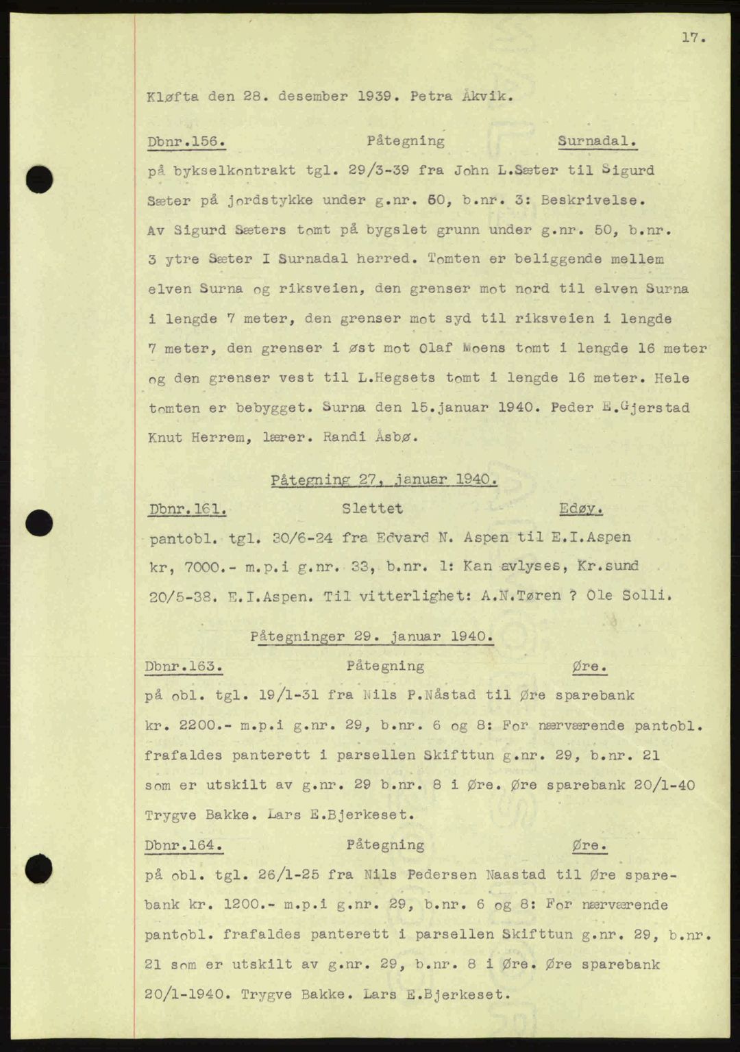 Nordmøre sorenskriveri, AV/SAT-A-4132/1/2/2Ca: Mortgage book no. C81, 1940-1945, Diary no: : 156/1940