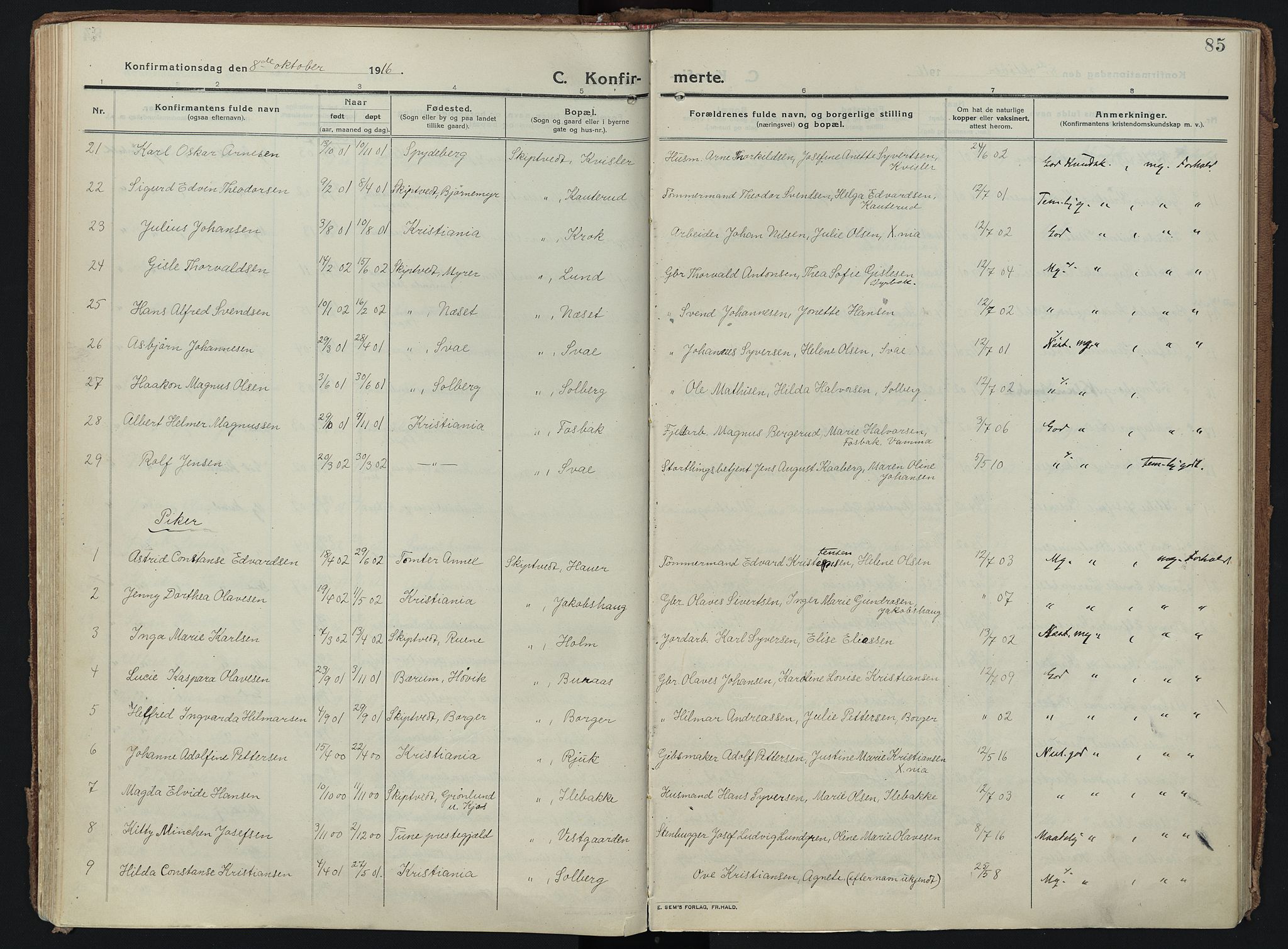 Skiptvet prestekontor Kirkebøker, SAO/A-20009/F/Fa/L0012: Parish register (official) no. 12, 1913-1924, p. 85