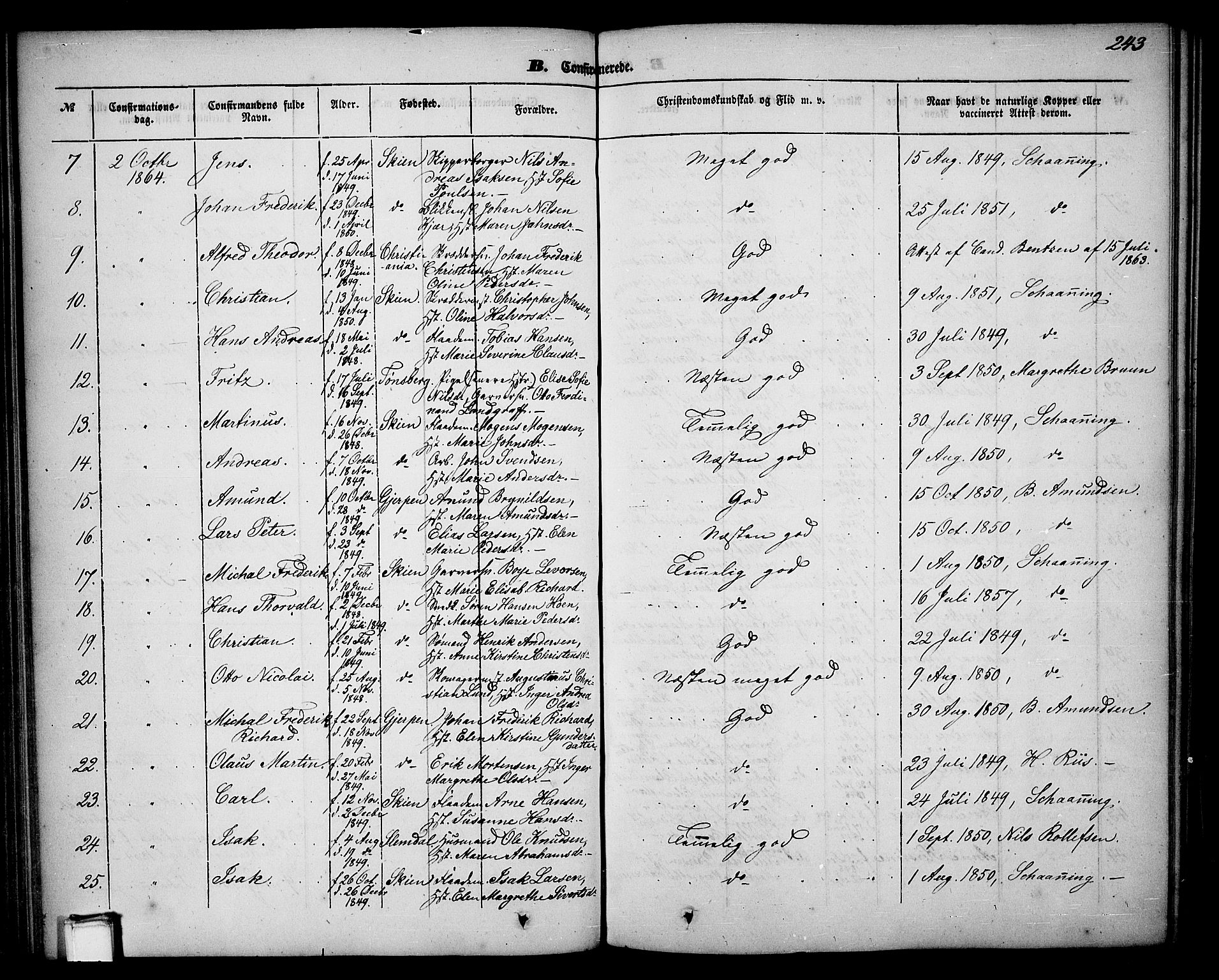 Skien kirkebøker, AV/SAKO-A-302/G/Ga/L0004: Parish register (copy) no. 4, 1843-1867, p. 243