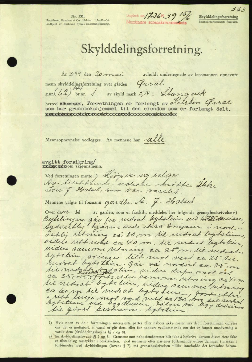 Nordmøre sorenskriveri, AV/SAT-A-4132/1/2/2Ca: Mortgage book no. A86, 1939-1939, Diary no: : 1736/1939