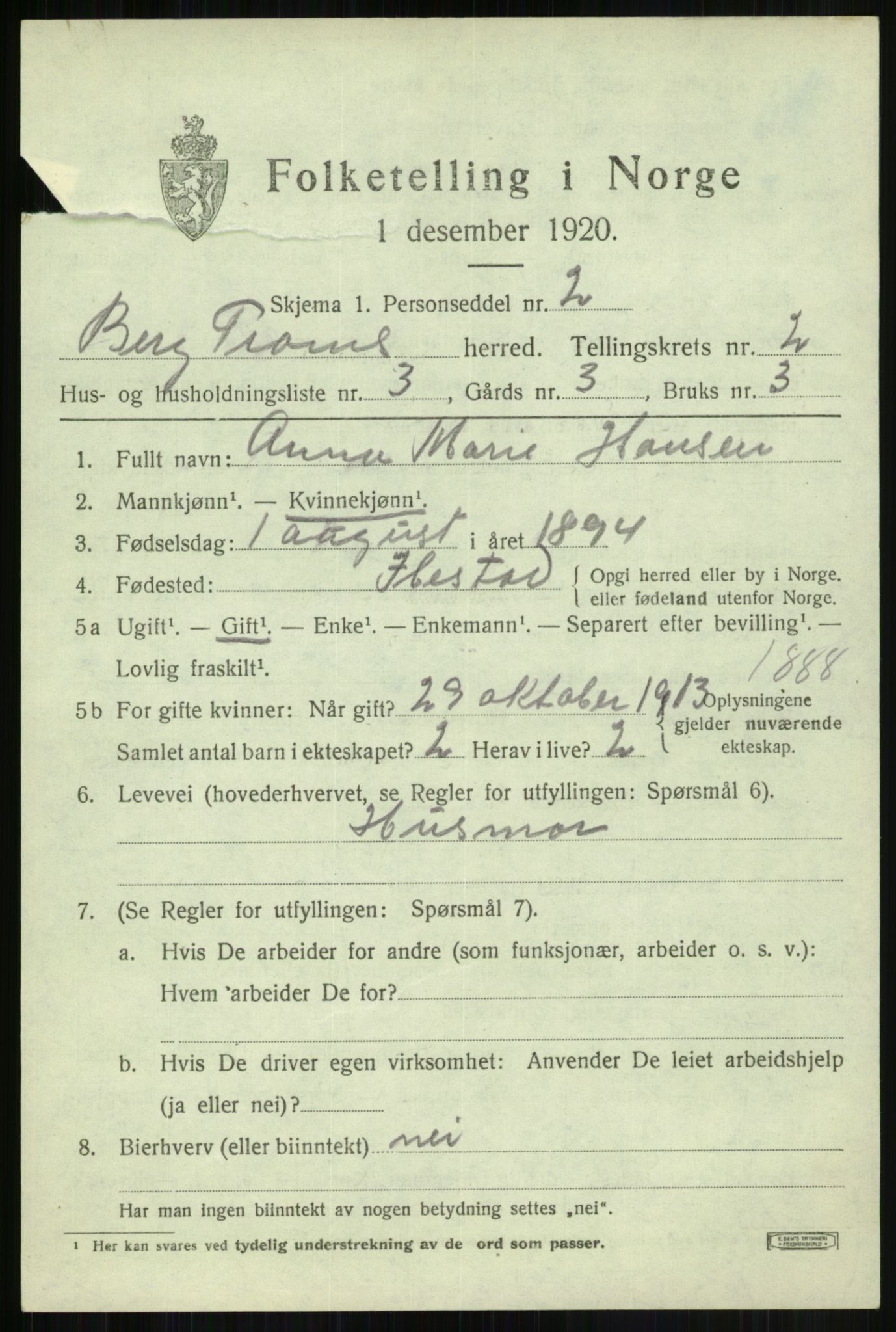 SATØ, 1920 census for Berg, 1920, p. 839