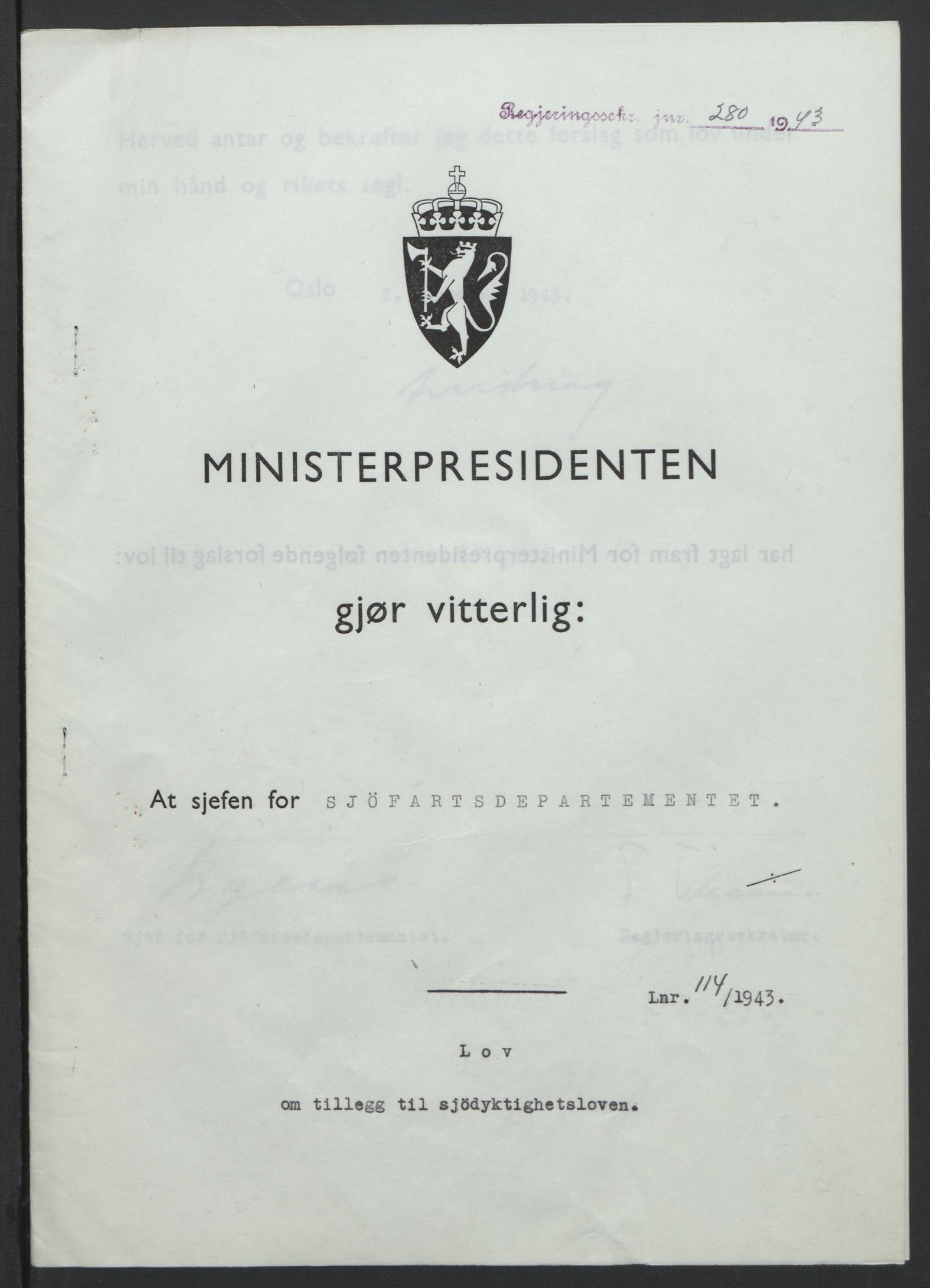 NS-administrasjonen 1940-1945 (Statsrådsekretariatet, de kommisariske statsråder mm), RA/S-4279/D/Db/L0099: Lover, 1943, p. 532