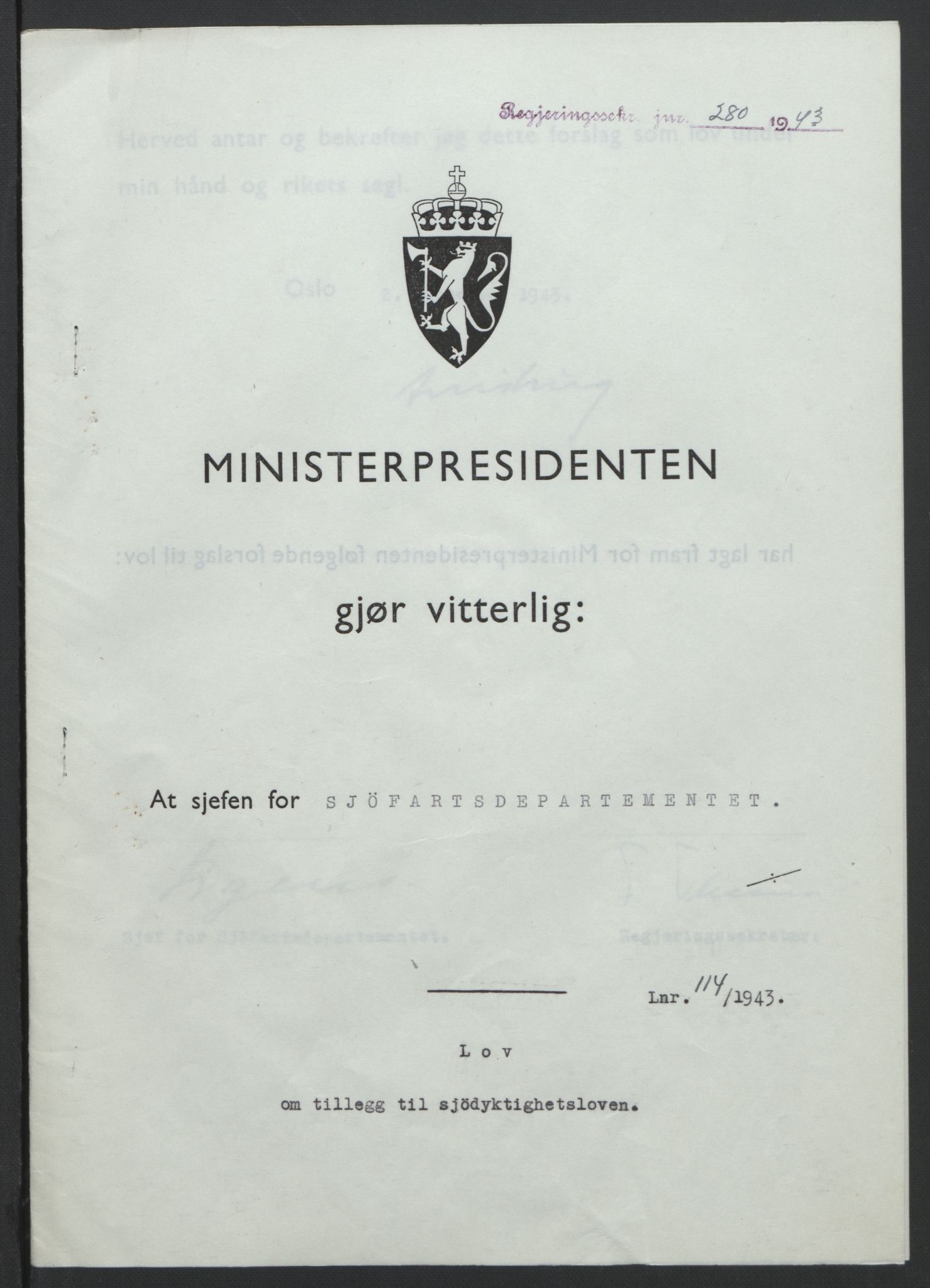 NS-administrasjonen 1940-1945 (Statsrådsekretariatet, de kommisariske statsråder mm), AV/RA-S-4279/D/Db/L0099: Lover, 1943, p. 532