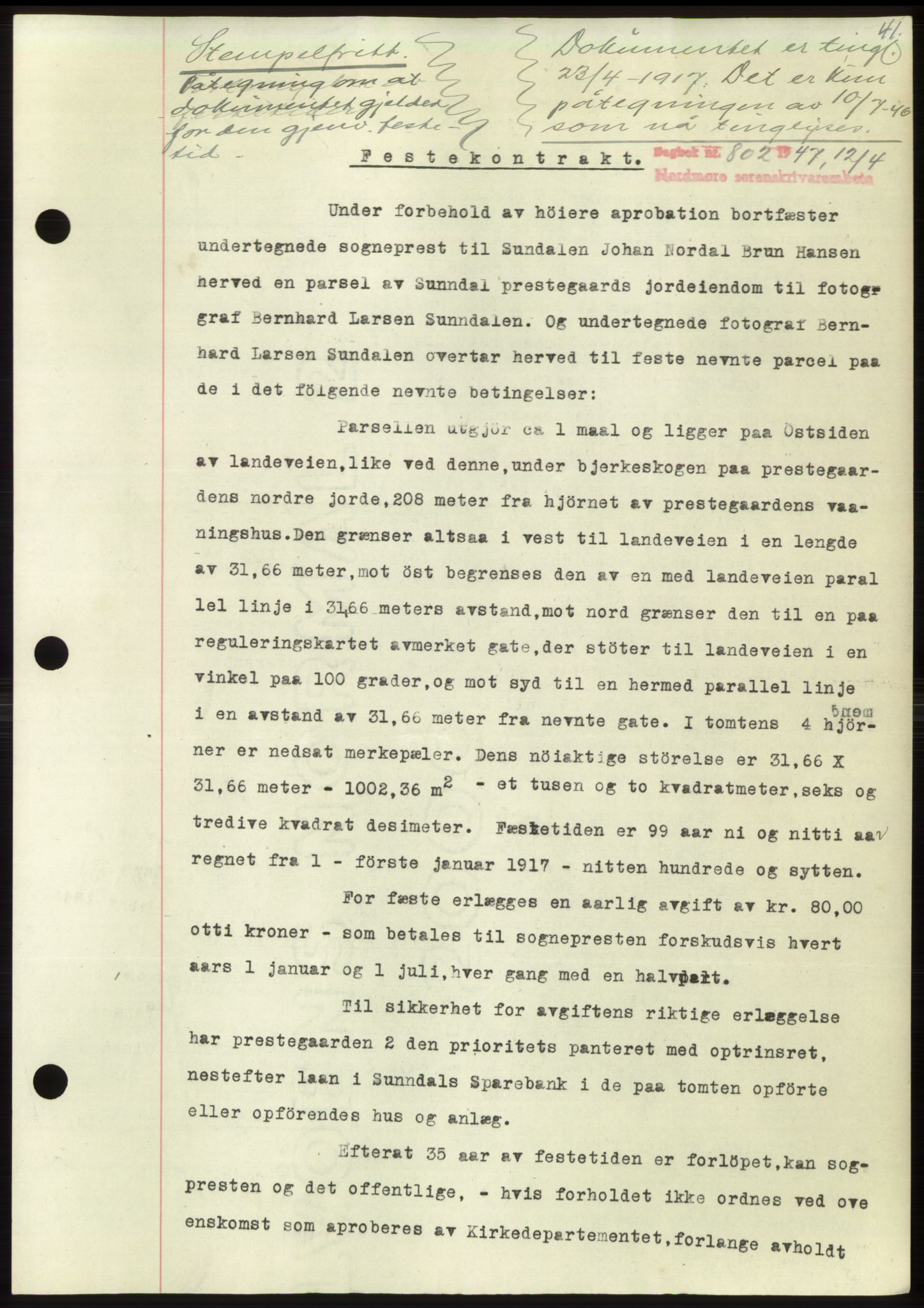 Nordmøre sorenskriveri, AV/SAT-A-4132/1/2/2Ca: Mortgage book no. B96, 1947-1947, Diary no: : 802/1947