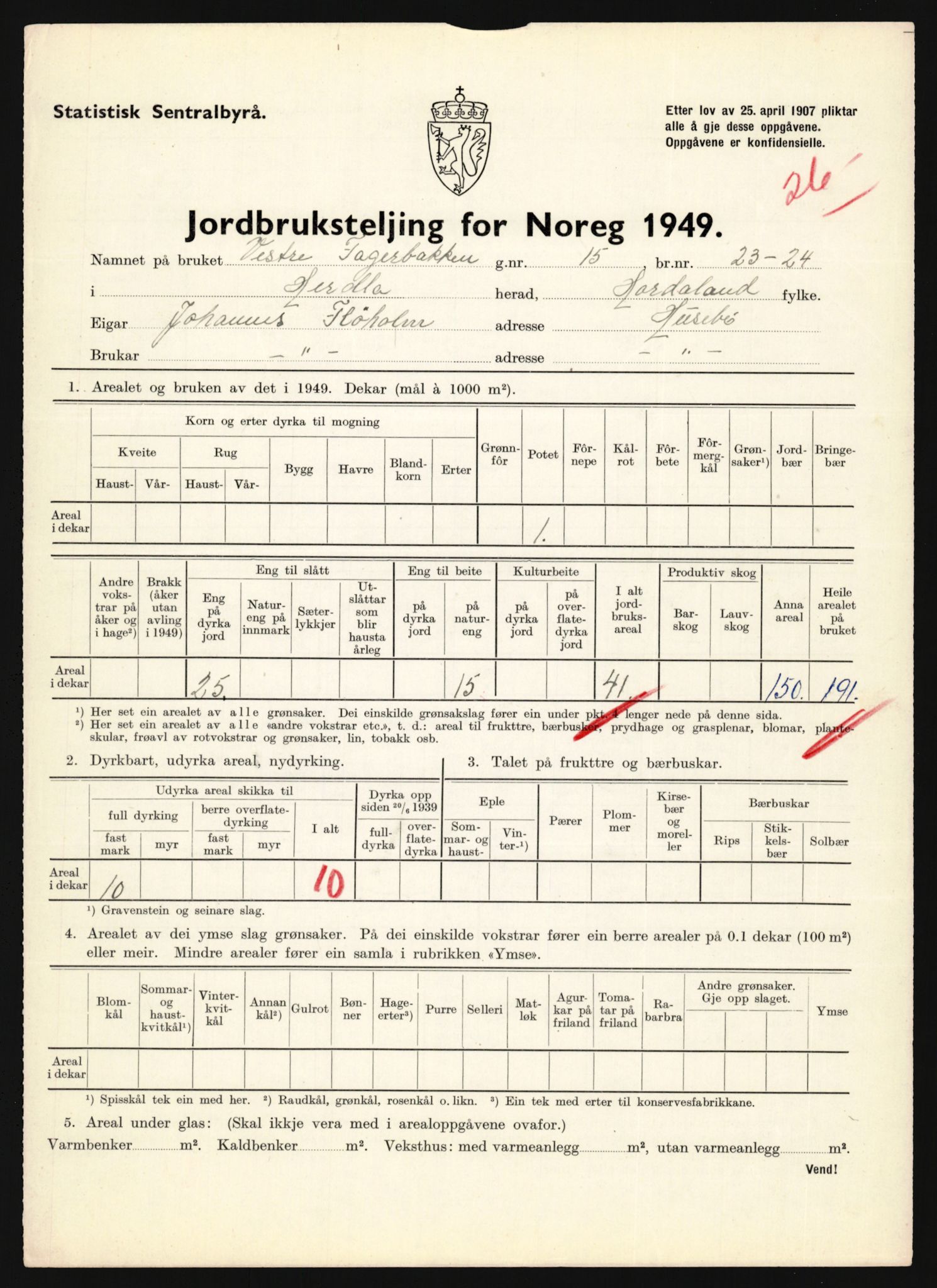 Statistisk sentralbyrå, Næringsøkonomiske emner, Jordbruk, skogbruk, jakt, fiske og fangst, AV/RA-S-2234/G/Gc/L0276: Hordaland: Herdla og Hjelme, 1949, p. 1078