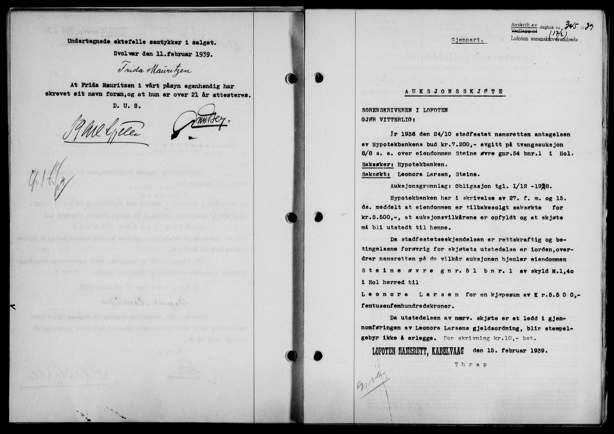 Lofoten sorenskriveri, SAT/A-0017/1/2/2C/L0005a: Mortgage book no. 5a, 1939-1939, Diary no: : 345/1939