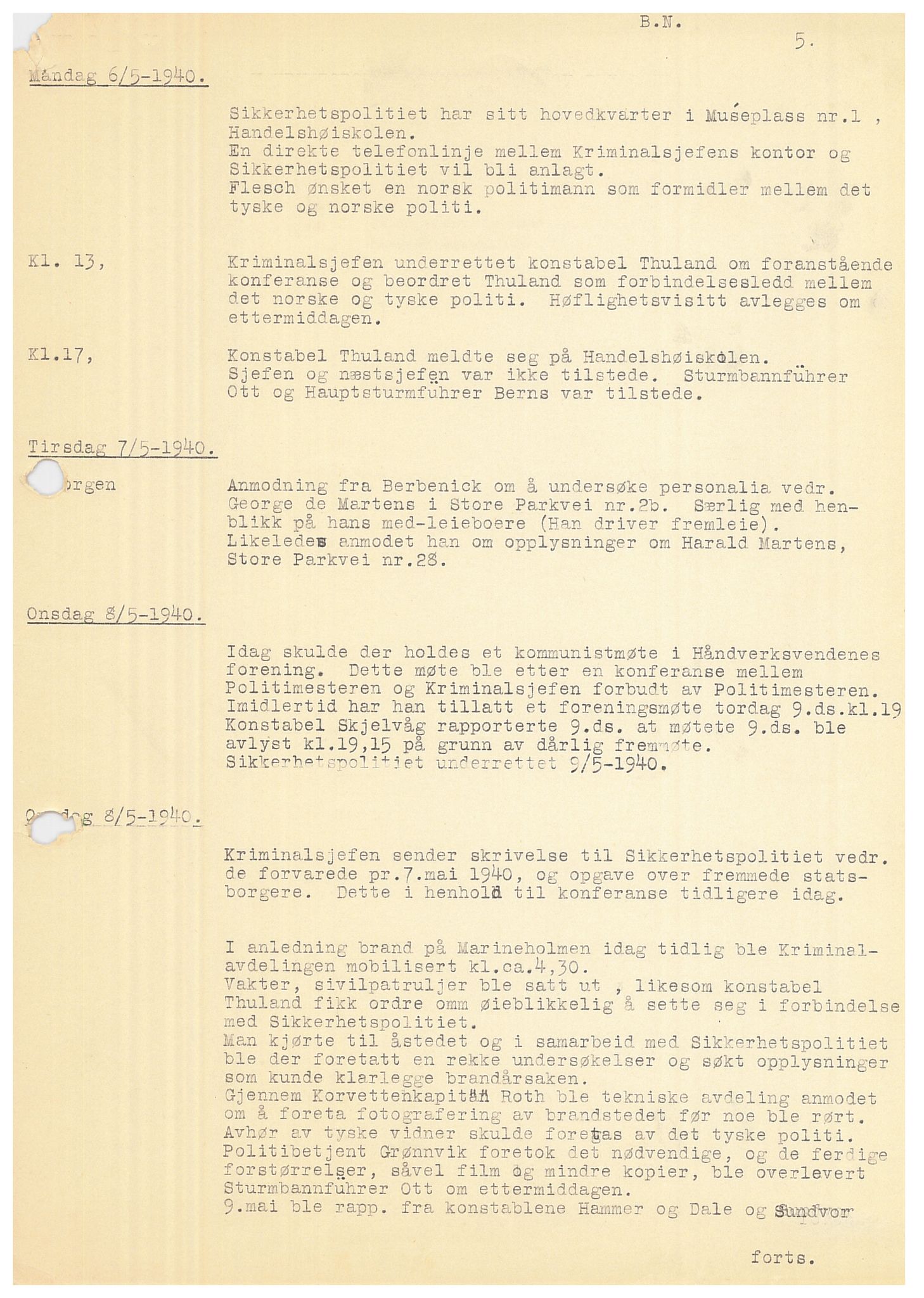 Bergen politikammer / politidistrikt, SAB/A-60401/Y/Ye/L0001: Avskrift av krigsdagbok av Dankert Thuland, 1940-1941, p. 5