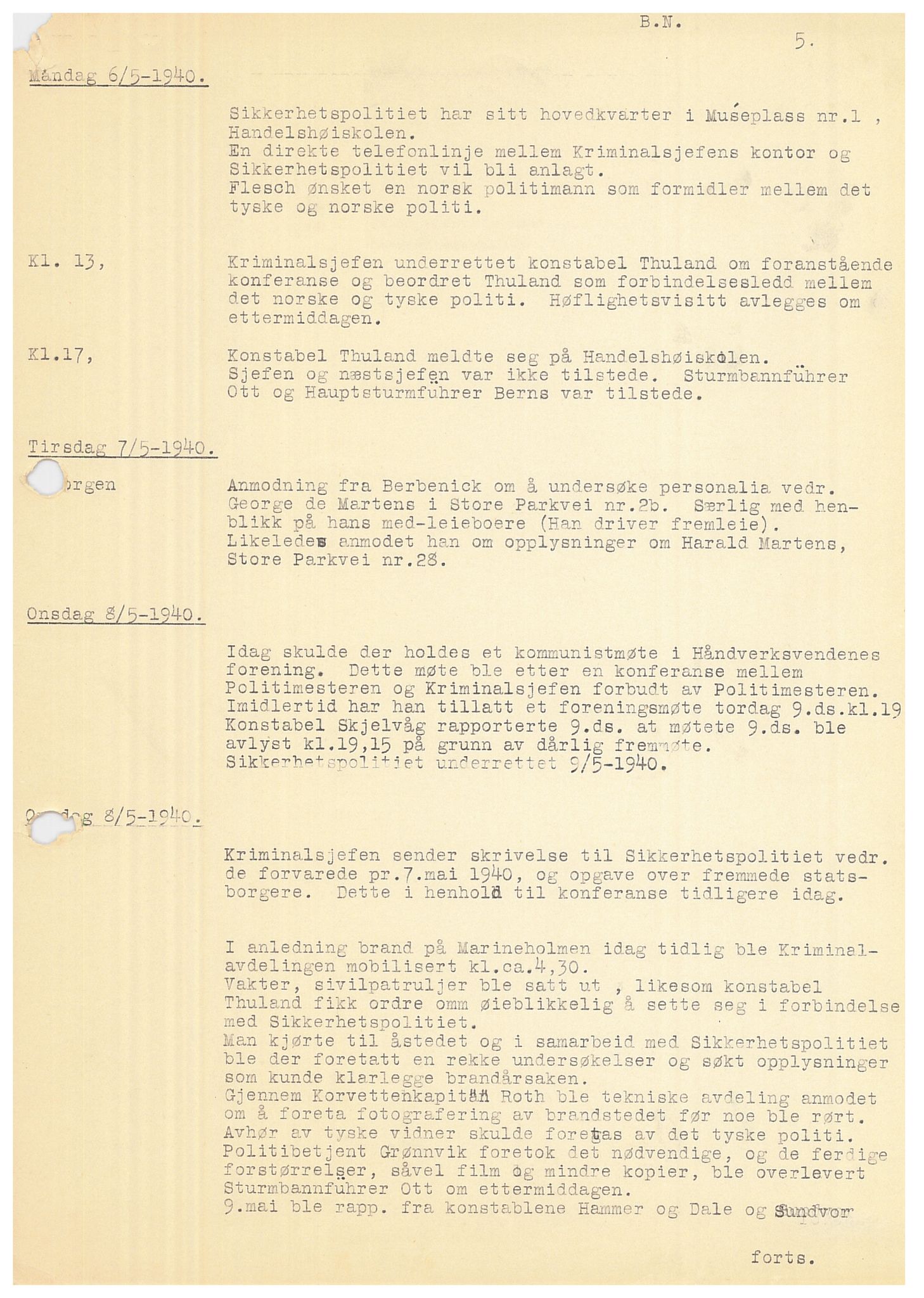 Bergen politikammer / politidistrikt, AV/SAB-A-60401/Y/Ye/L0001: Avskrift av krigsdagbok av Dankert Thuland, 1940-1941, p. 5