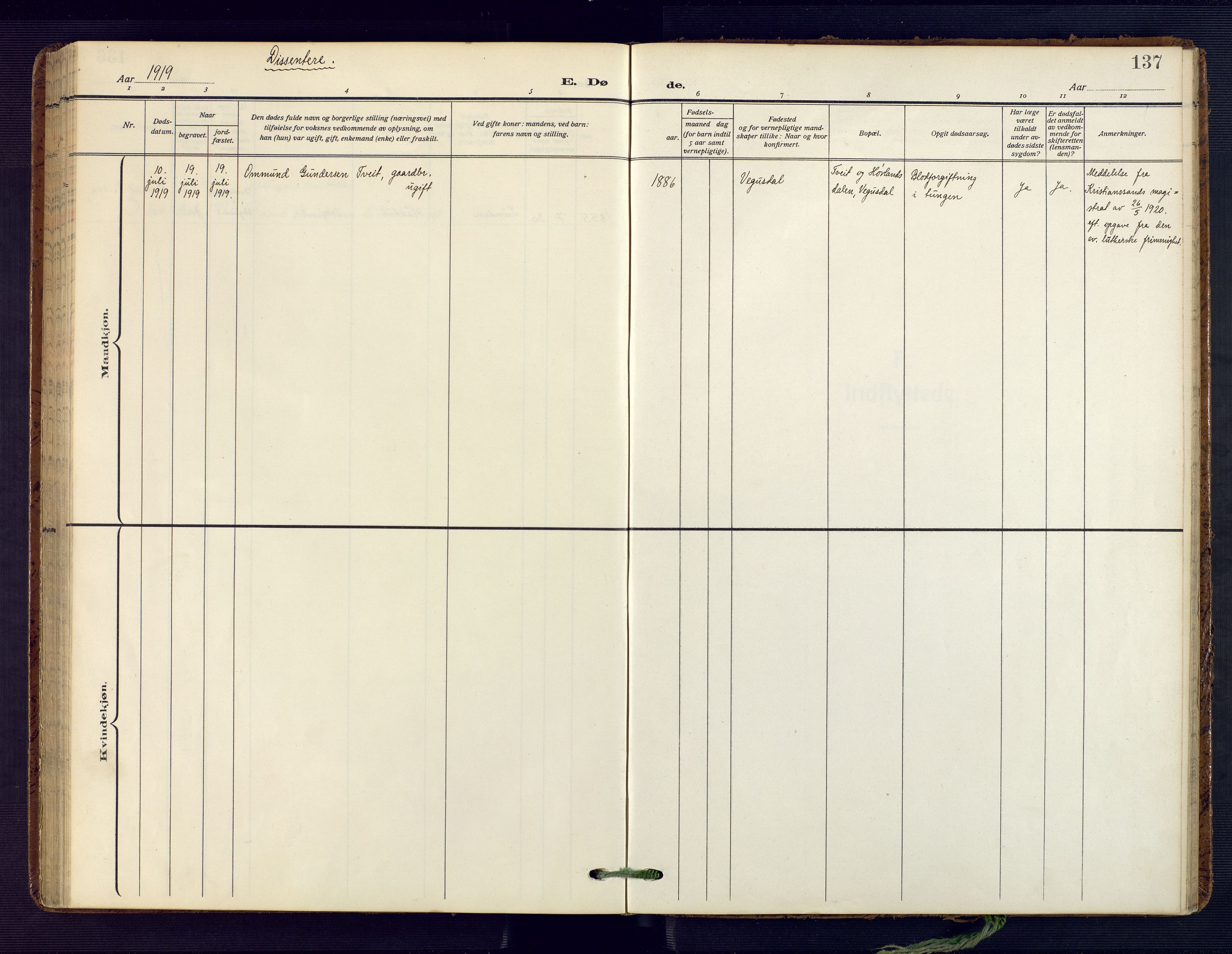 Herefoss sokneprestkontor, AV/SAK-1111-0019/F/Fa/Fab/L0005: Parish register (official) no. A 5, 1910-1932, p. 137