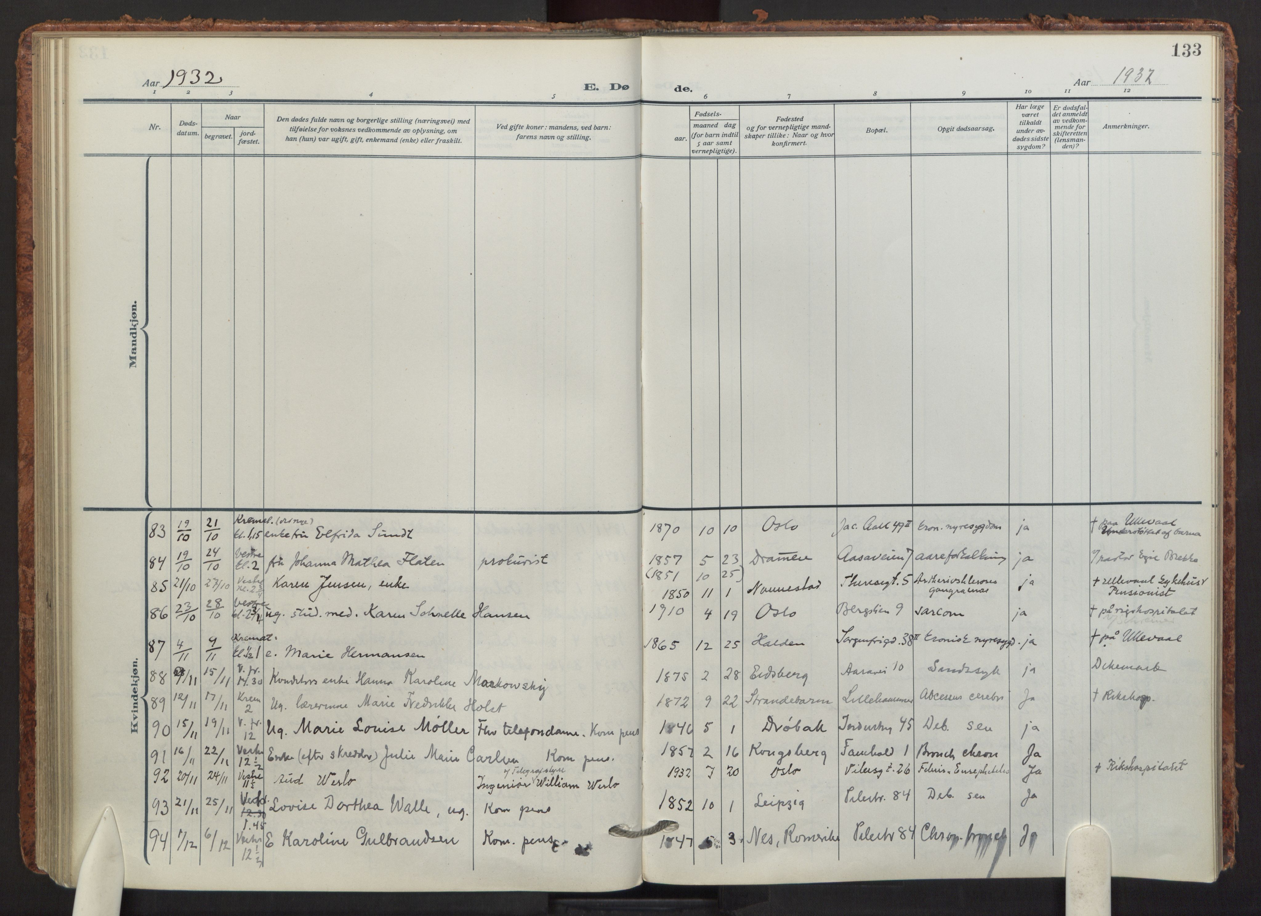 Fagerborg prestekontor Kirkebøker, AV/SAO-A-10844/F/Fa/L0008: Parish register (official) no. 8, 1917-1938, p. 133