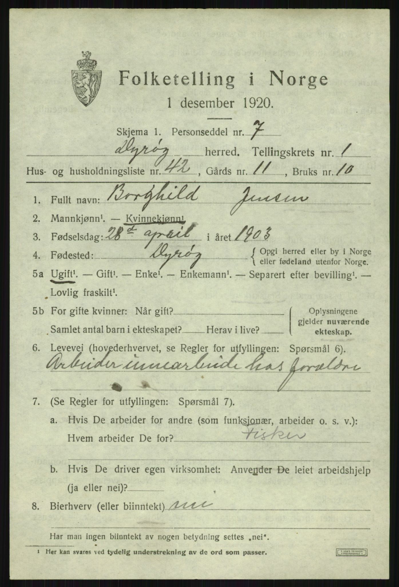 SATØ, 1920 census for Dyrøy, 1920, p. 1249