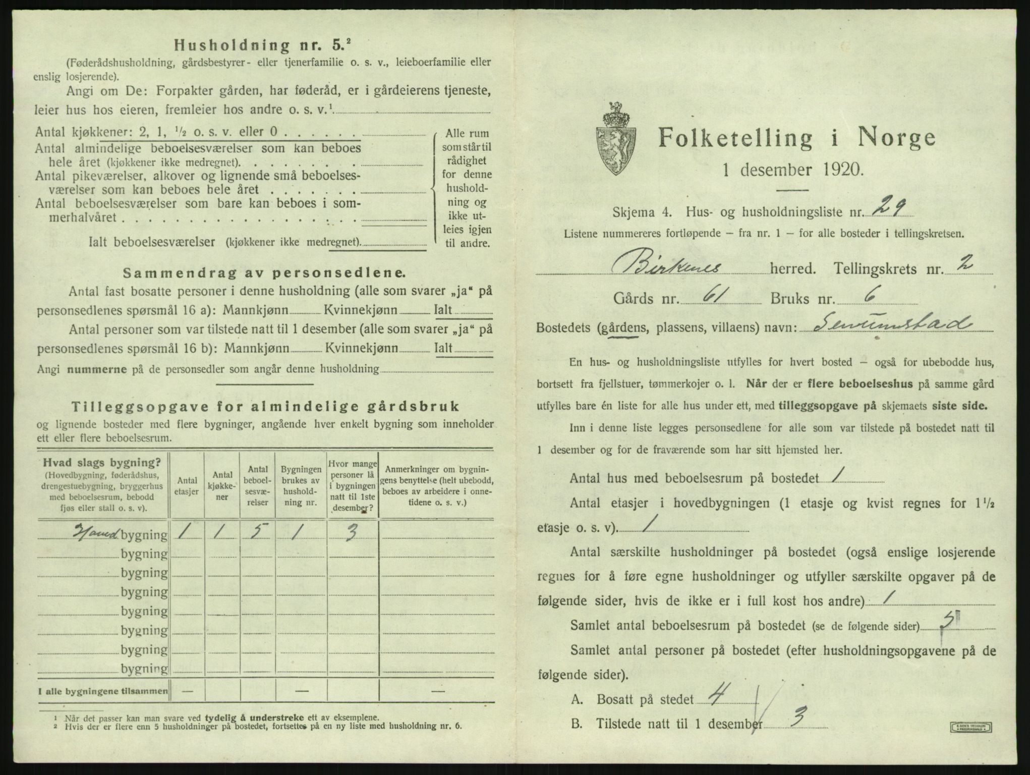 SAK, 1920 census for Birkenes, 1920, p. 145