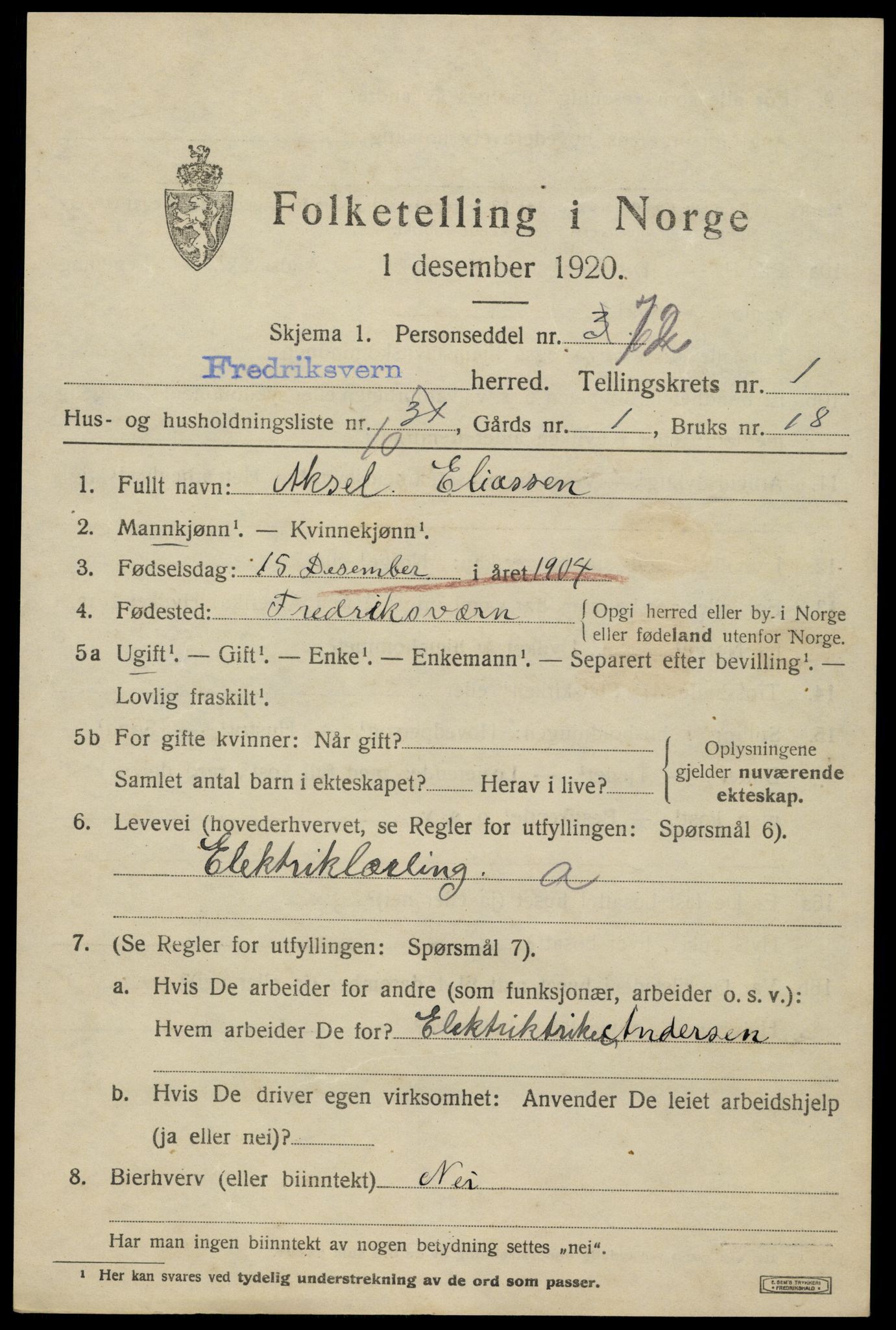 SAKO, 1920 census for Fredriksvern, 1920, p. 593