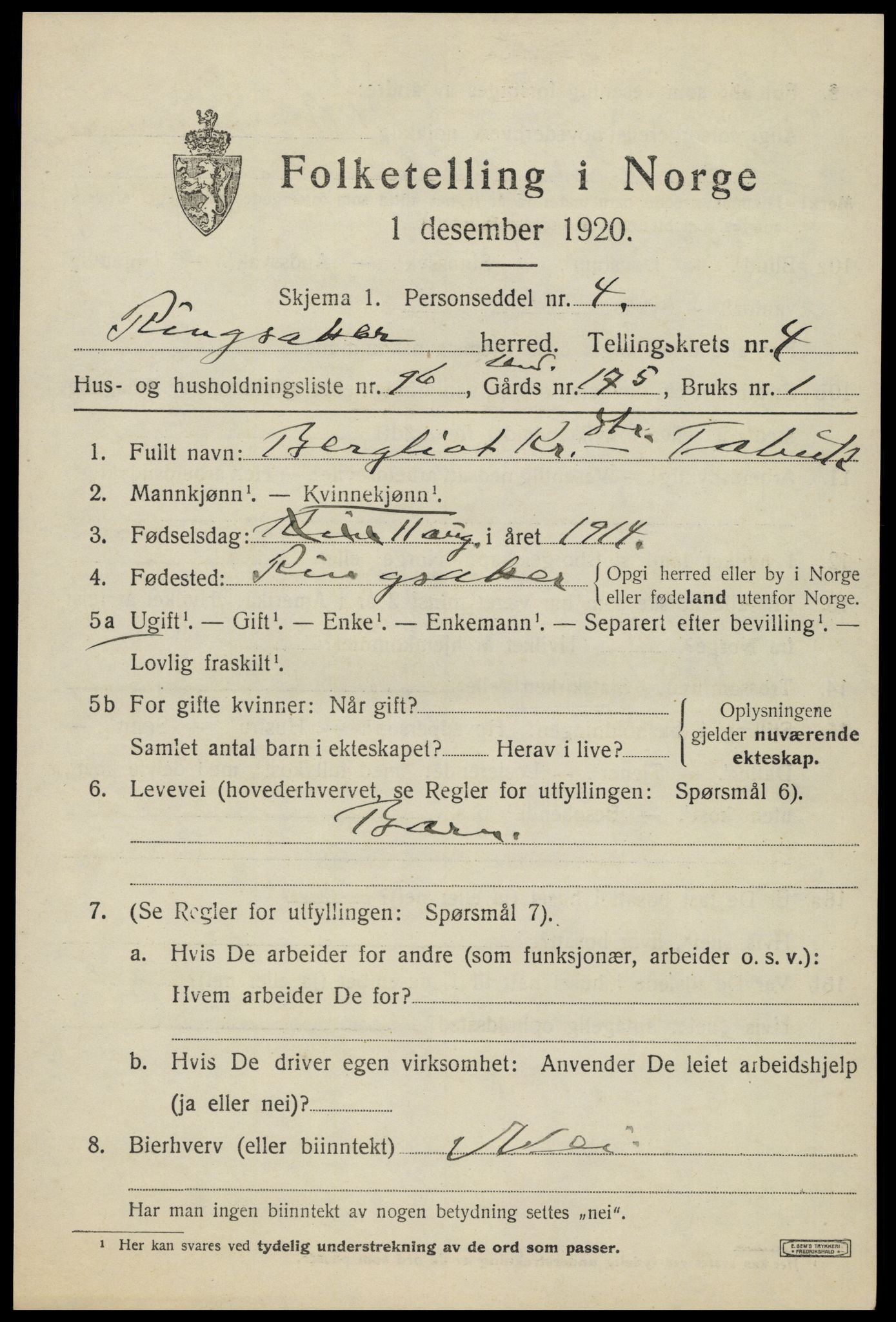 SAH, 1920 census for Ringsaker, 1920, p. 9688