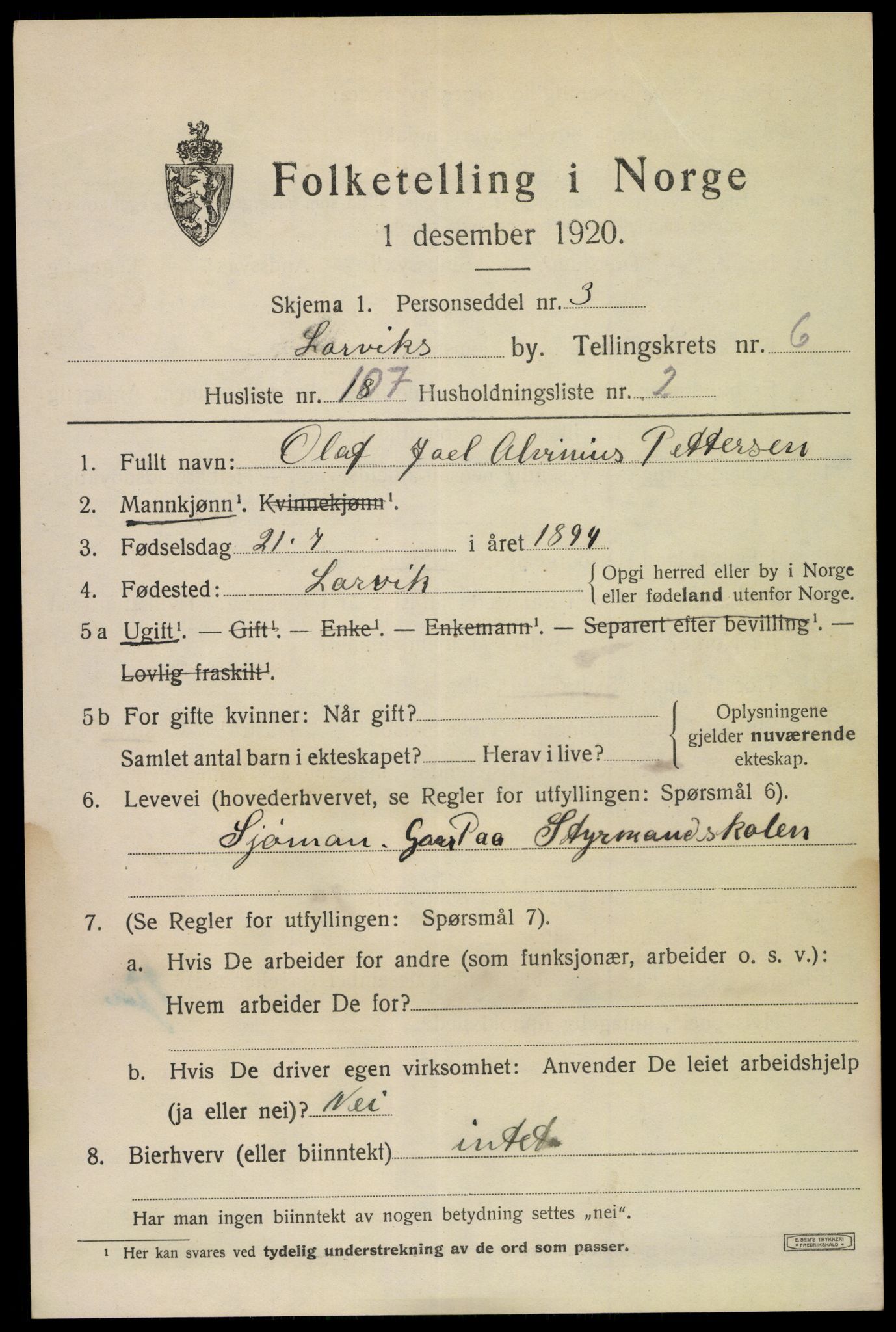 SAKO, 1920 census for Larvik, 1920, p. 19728