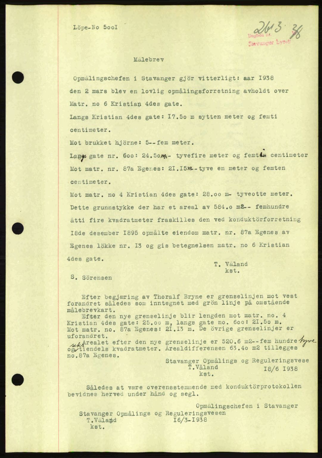 Stavanger byrett, SAST/A-100455/002/G/Gb/L0014: Mortgage book no. A4, 1938-1939, Diary no: : 2613/1938