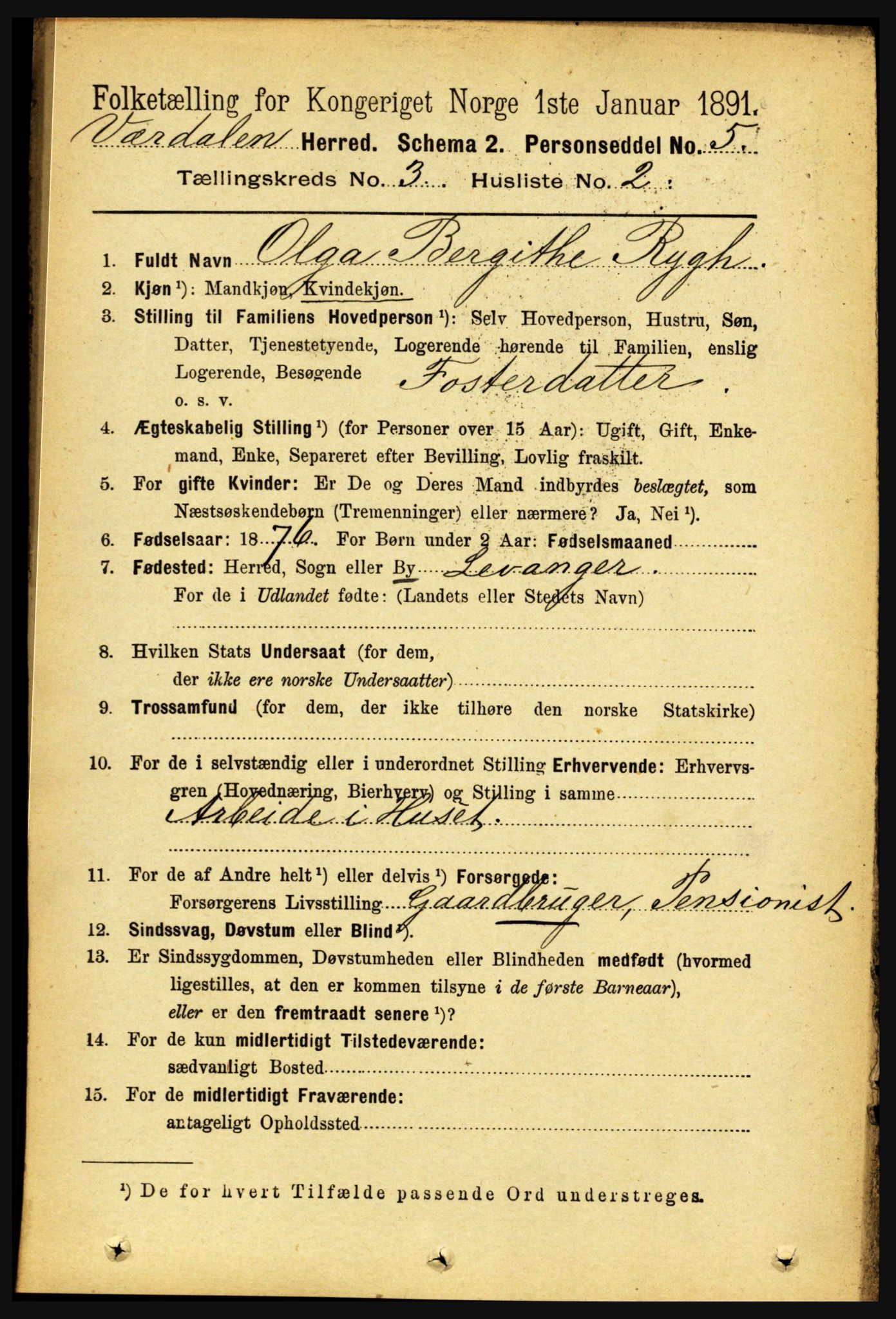 RA, 1891 census for 1721 Verdal, 1891, p. 1785