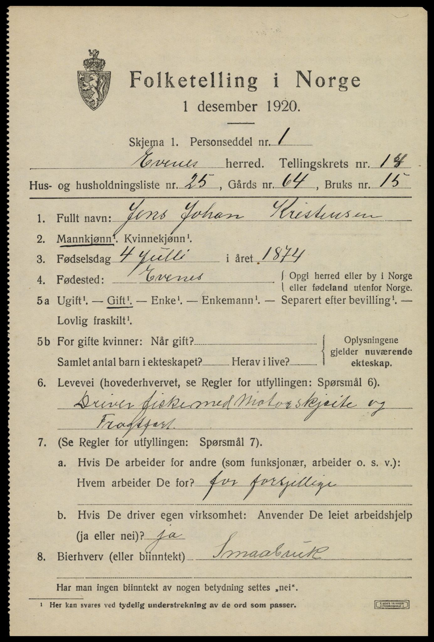 SAT, 1920 census for Evenes, 1920, p. 12488