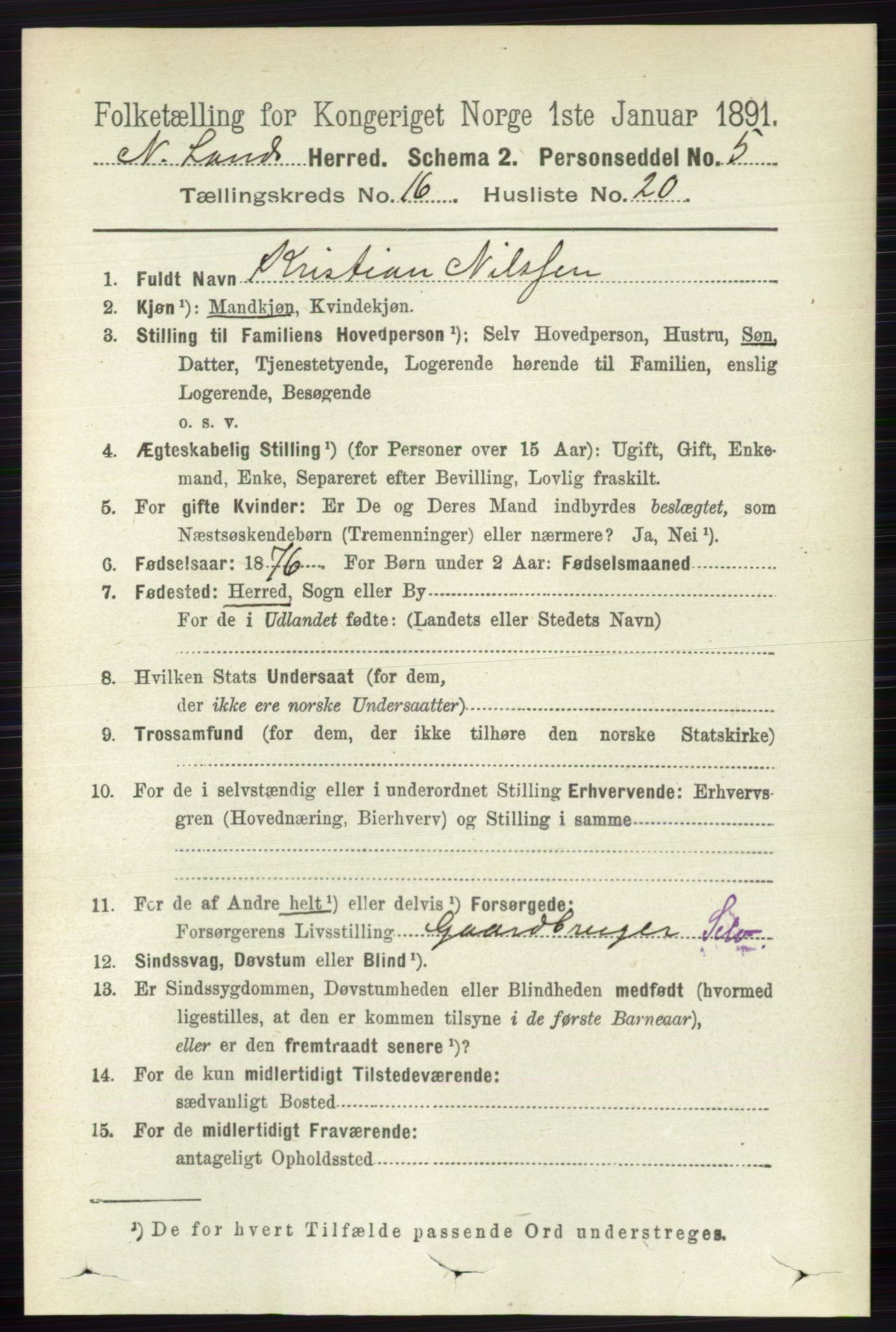 RA, 1891 census for 0538 Nordre Land, 1891, p. 4245