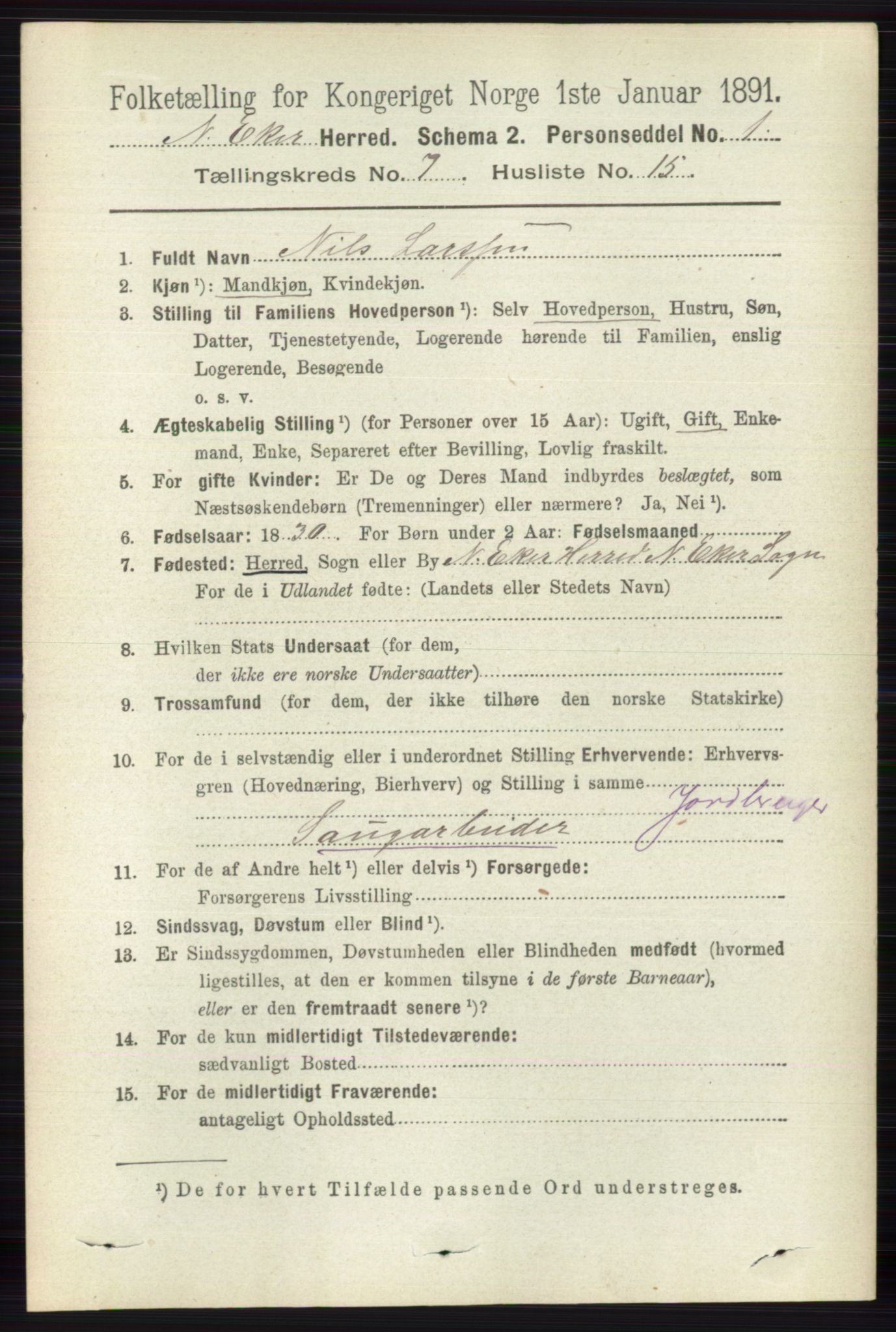 RA, 1891 census for 0625 Nedre Eiker, 1891, p. 3487