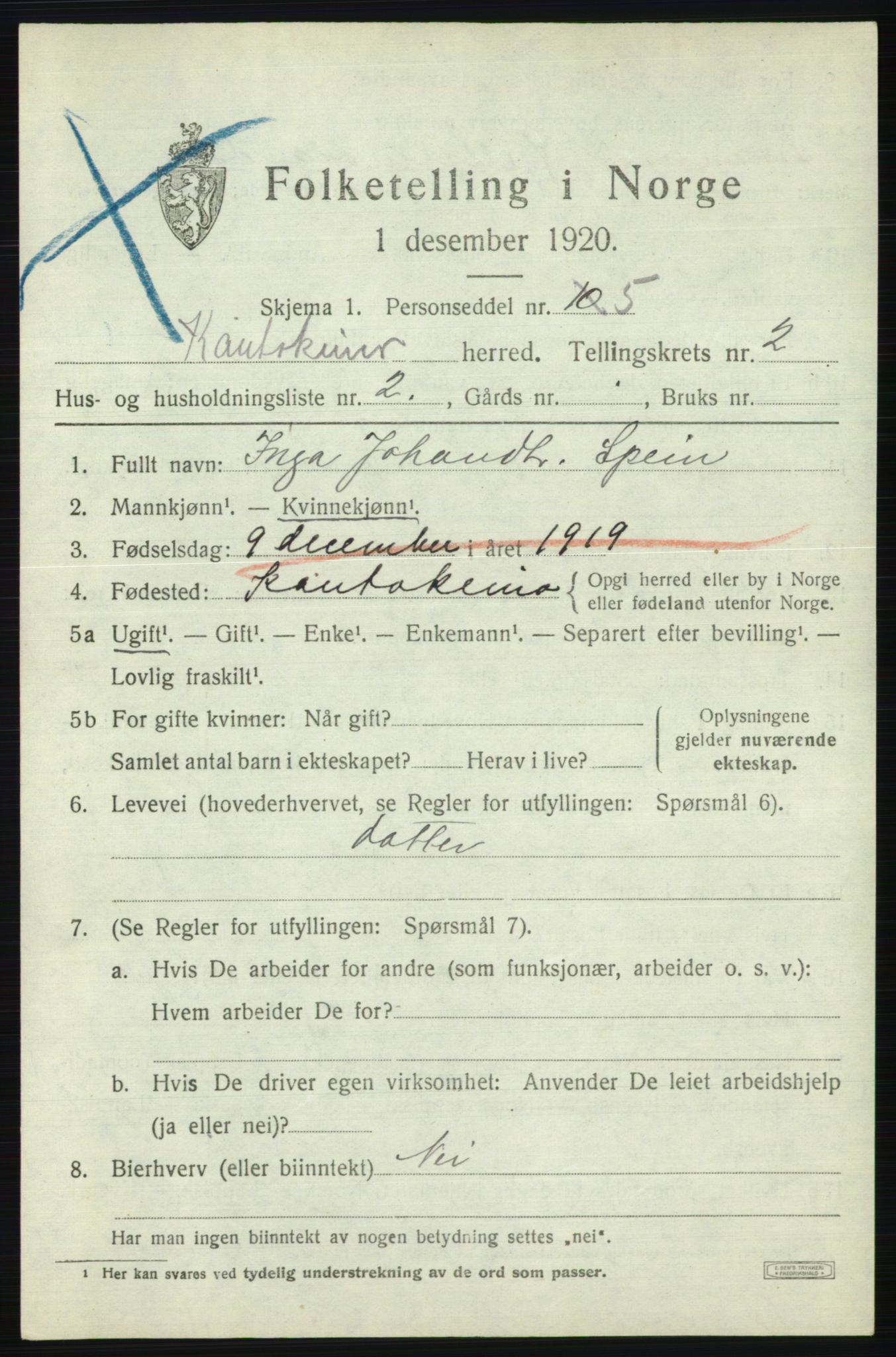 SATØ, 1920 census for Kautokeino, 1920, p. 851