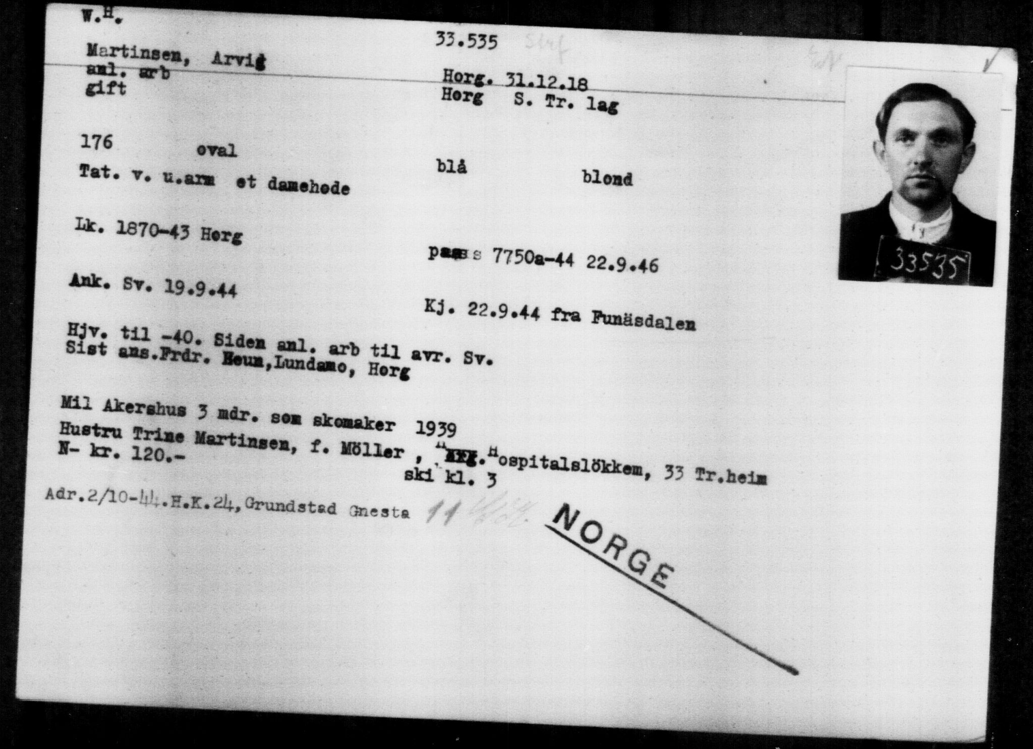 Utenriksstasjonene, Legasjonen i Stockholm, Flyktningkontoret, AV/RA-S-6753/V/Va/L0013: Kjesäterkartoteket, flyktninger med registreringsnr. 31500-34731, 1940-1945, p. 2146