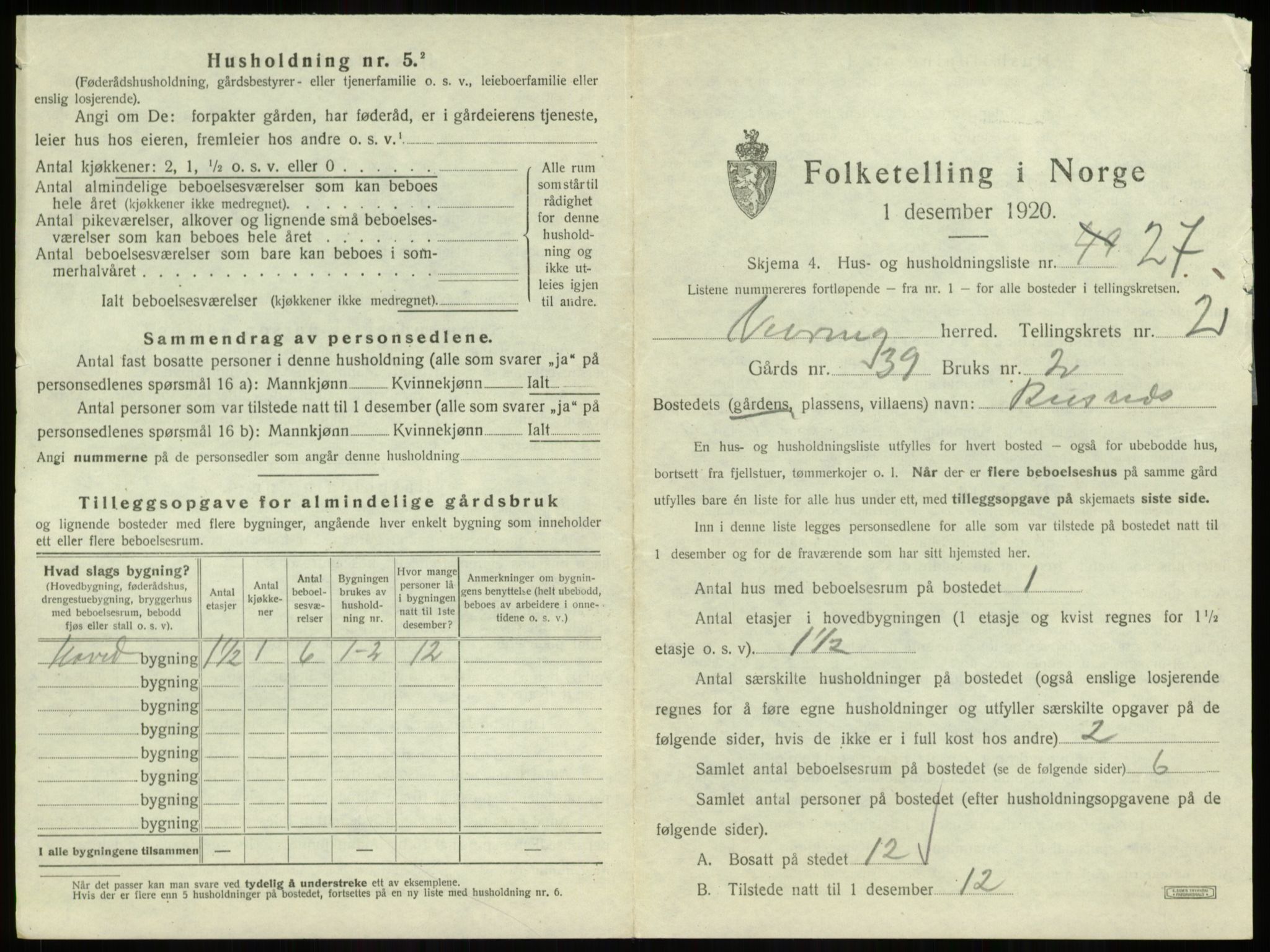 SAB, 1920 census for Vevring, 1920, p. 124